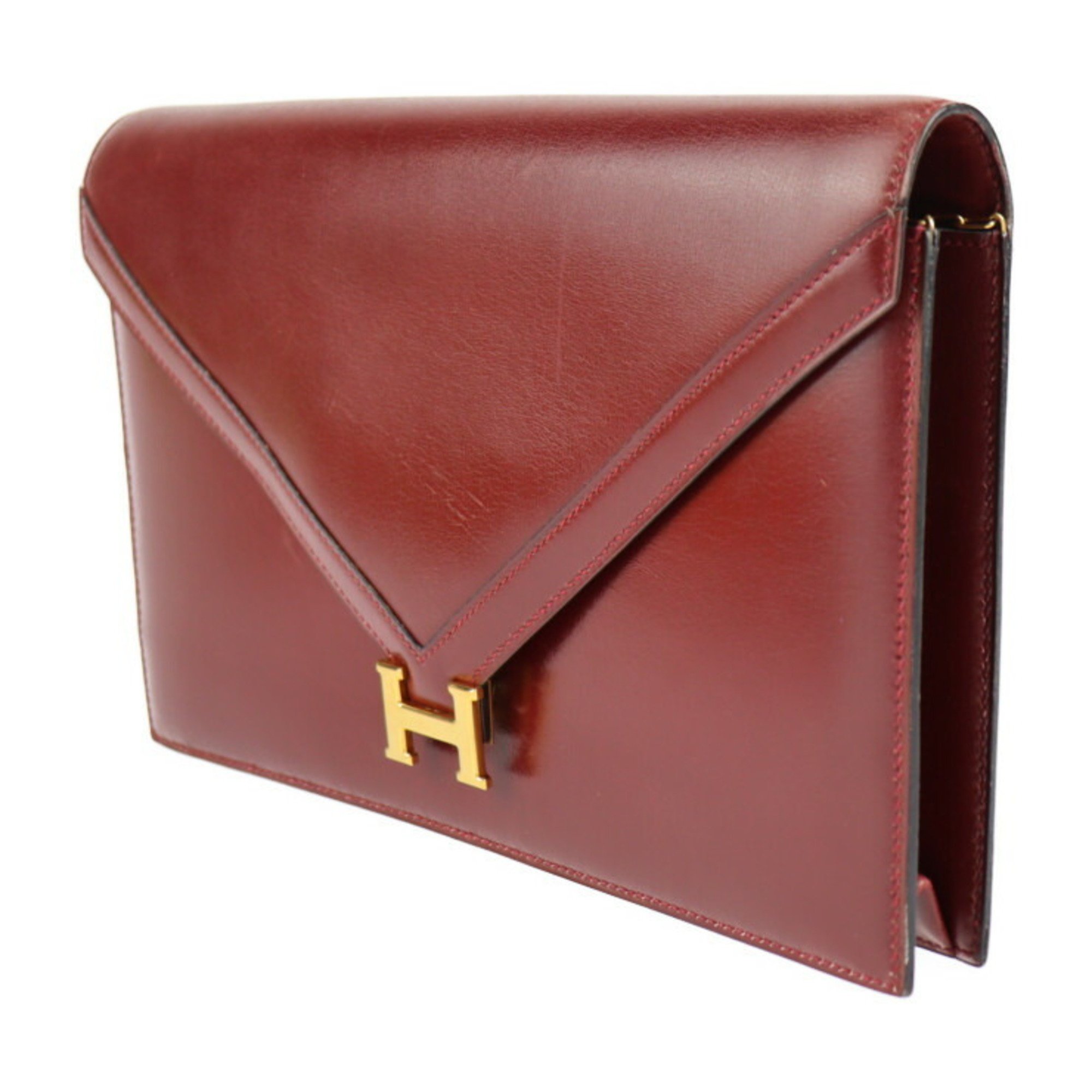 HERMES Hermes Liddy Shoulder Bag Box Calf Rouge Ash Bordeaux Gold Hardware 2WAY Clutch 〇G Engraved Vintage