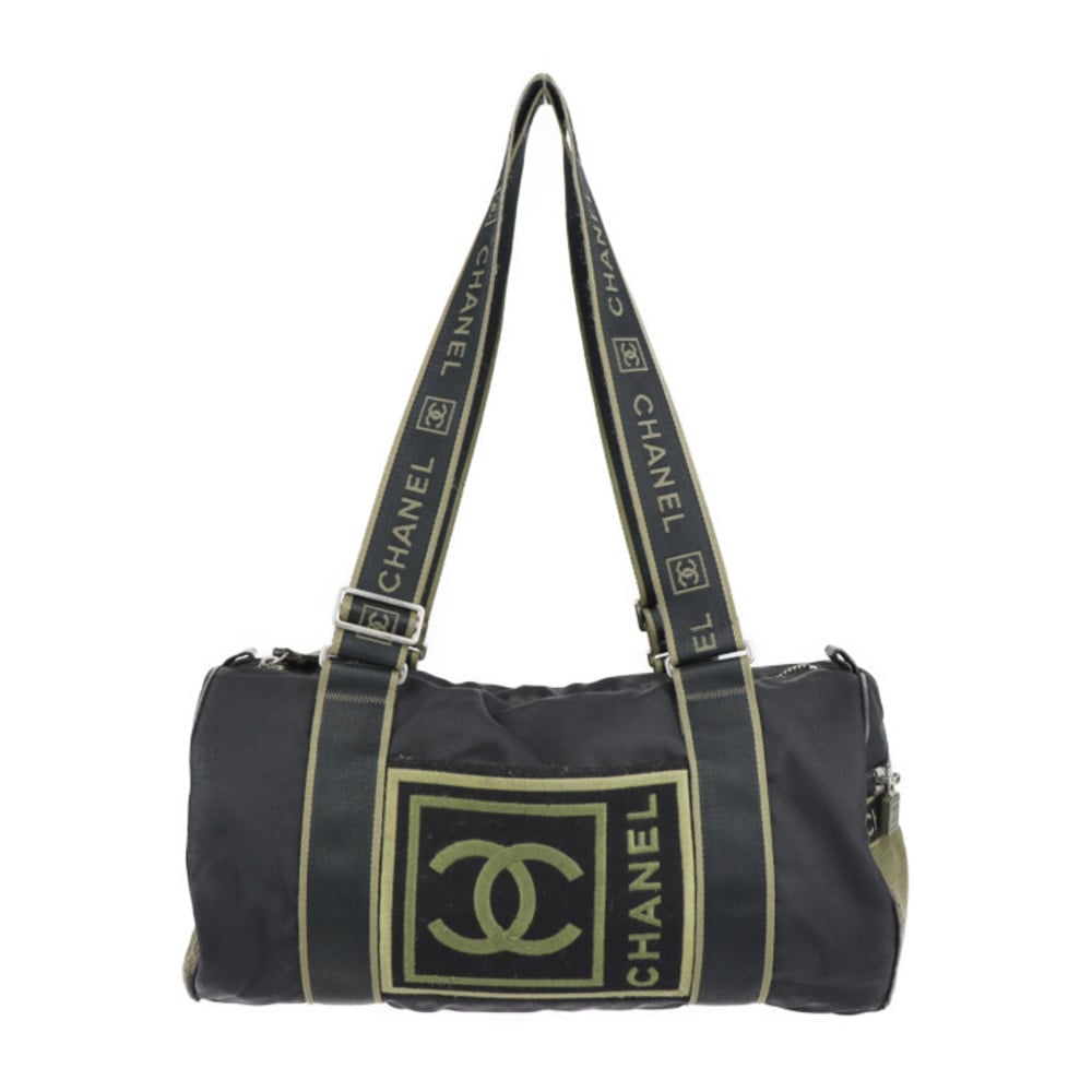 CHANEL Chanel Sport Line Boston Bag Nylon Canvas Black Khaki Green Shoulder  Travel Cocomark 10 Series Round Cylindrical