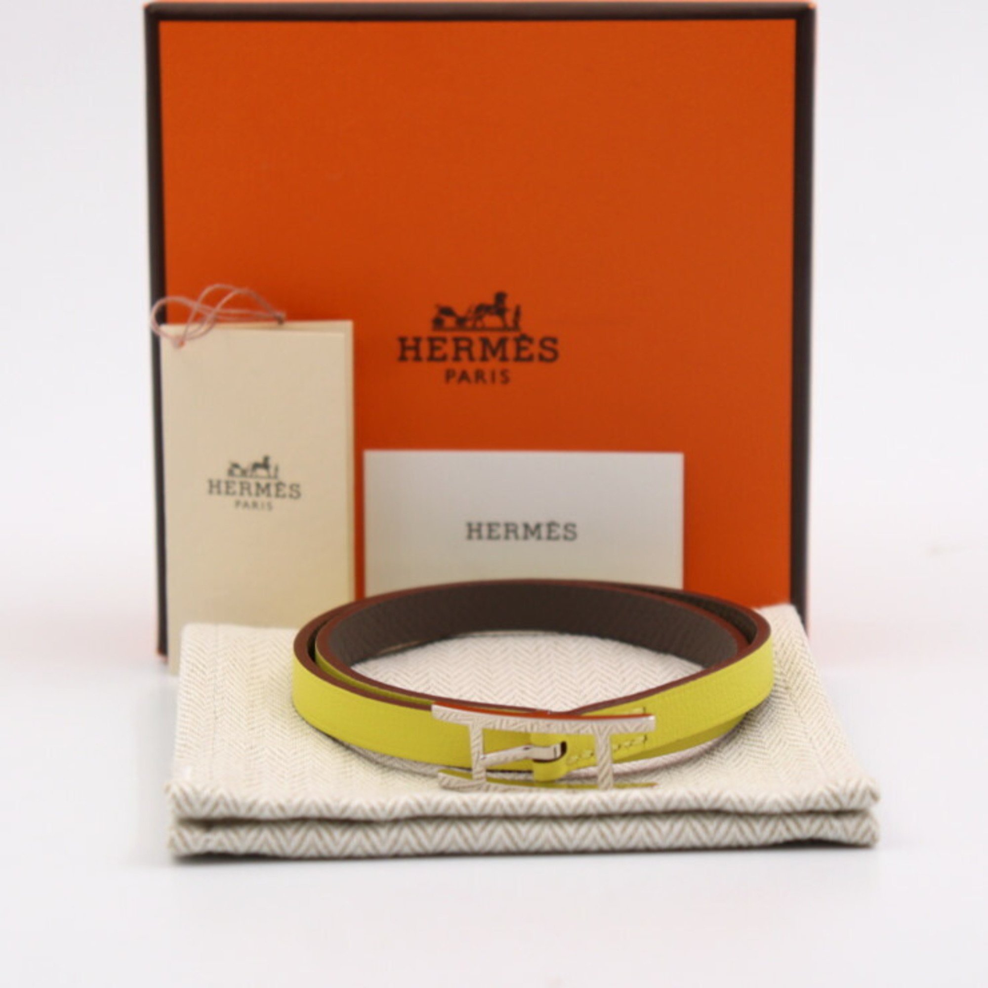 HERMES Hermes Biapi Double Tour Bracelet Notation size T4 Vaux Swift Lime Etain Silver hardware