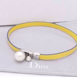 Christian Dior Choker Necklace Leather/Metal Yellow x Silver Women's