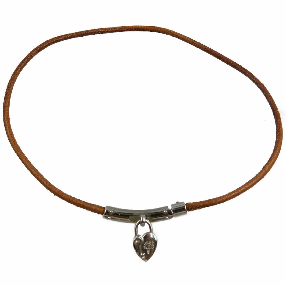 HERMES Vivilide Choker necklace Heart Charm Bracelet Leather Brown