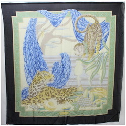 Salvatore Ferragamo large size chiffon scarf muffler black x green blue leopard print animal ladies