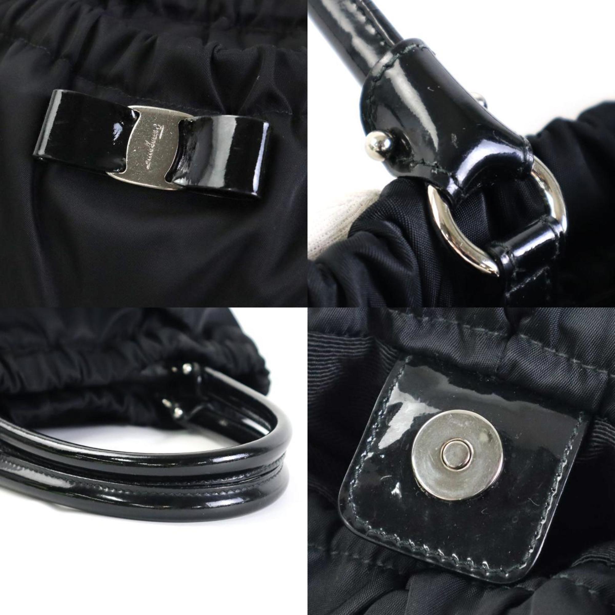Salvatore Ferragamo Handbag Valara Ribbon Nylon/Patent Leather Black Silver Ladies