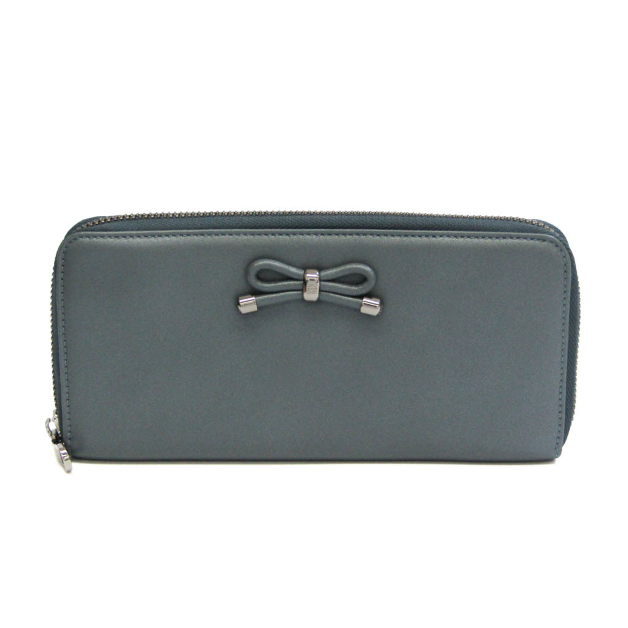 Loewe Ribbon Motif Women's Leather Long Wallet (bi-fold) Gray Navy