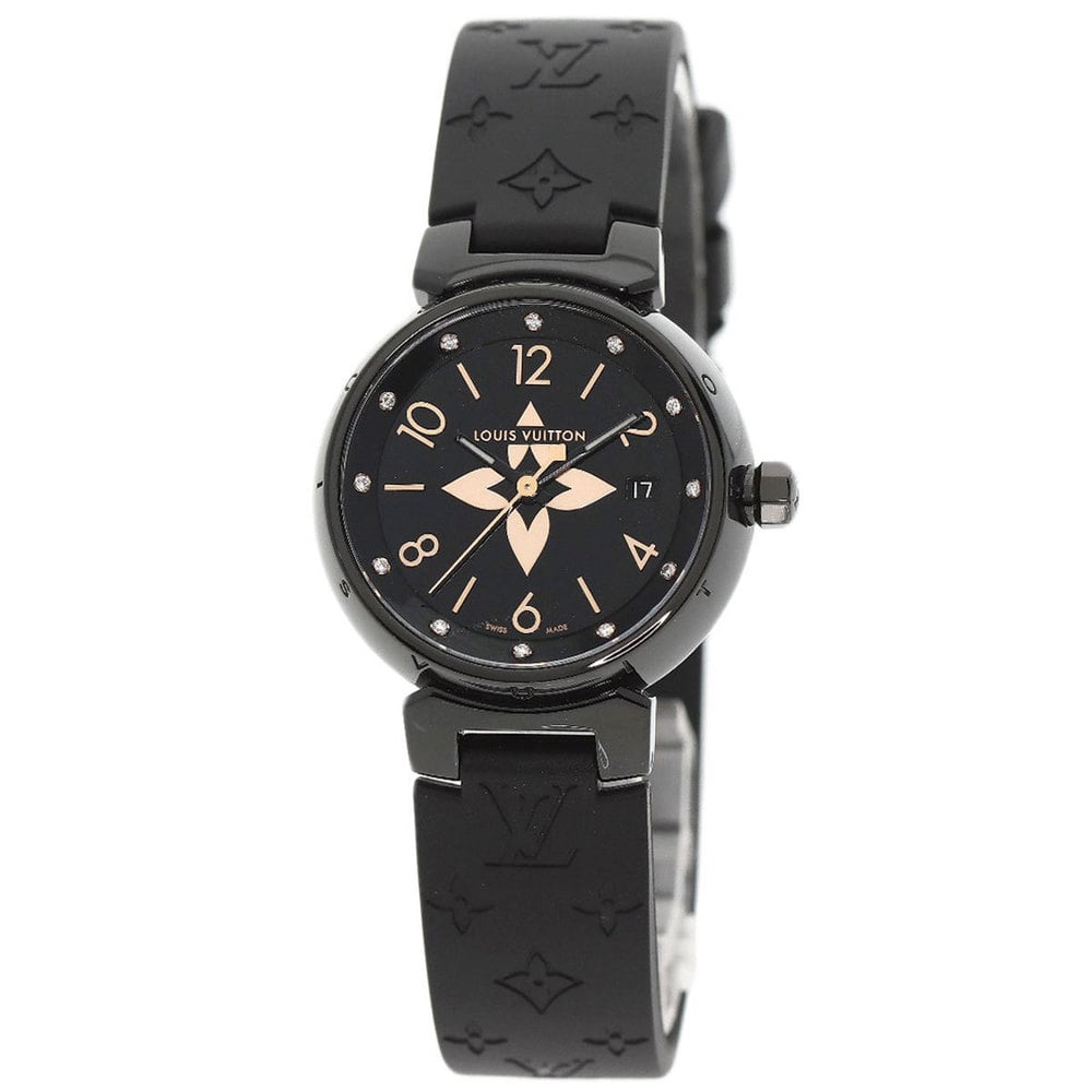 Louis Vuitton QA047 Tambour All Black PM 12P Diamond Watch Stainless Steel  Rubber Ladies LOUIS VUITTON