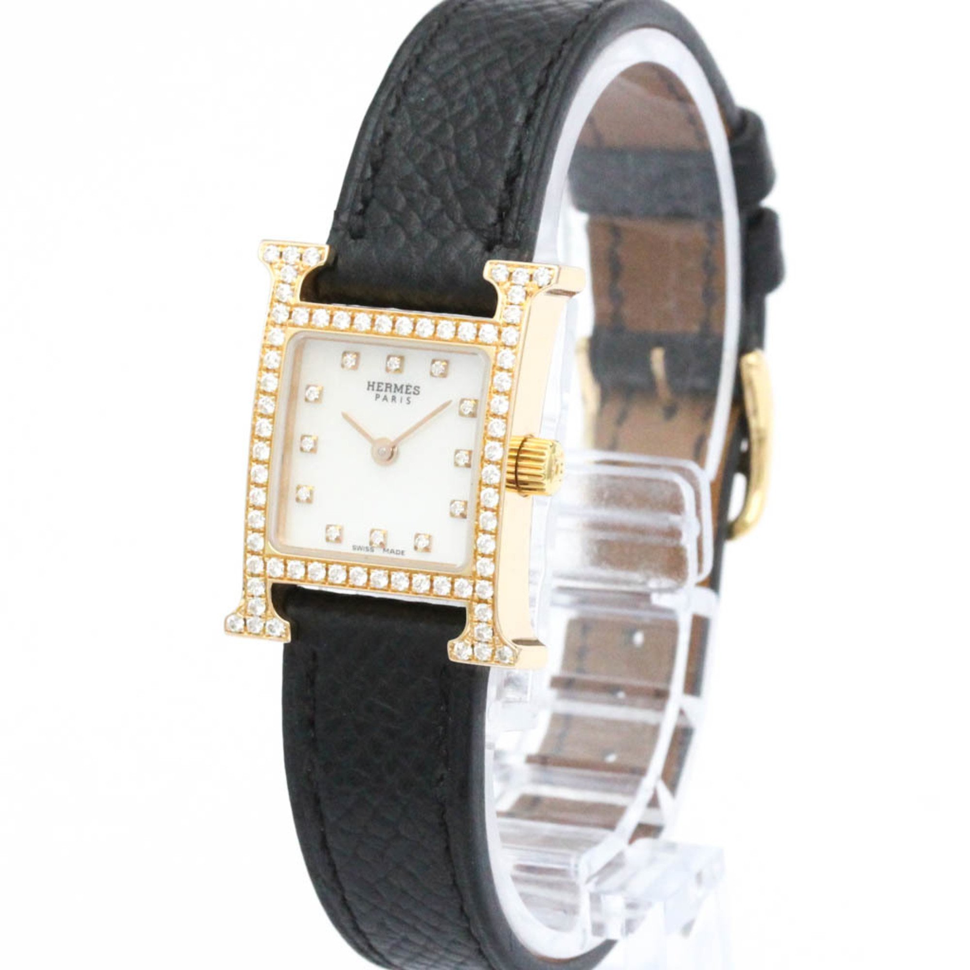 Polished HERMES H Watch Mini MOP Diamond 18K Pink Gold Watch HH1.171 BF563408