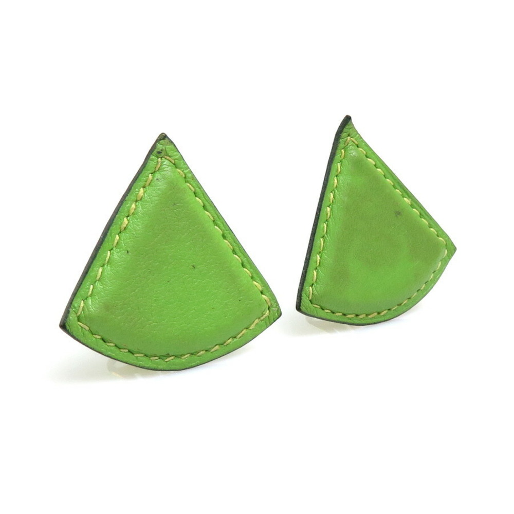 Hermes Triangle Leather Earrings Clip Brown Ladies Accessory - 2 Pieces