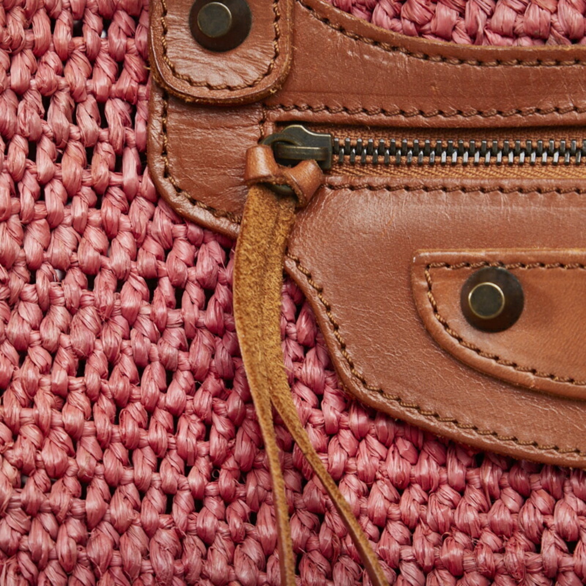 Balenciaga handbag basket bag 236741 pink brown raffia leather ladies BALENCIAGA
