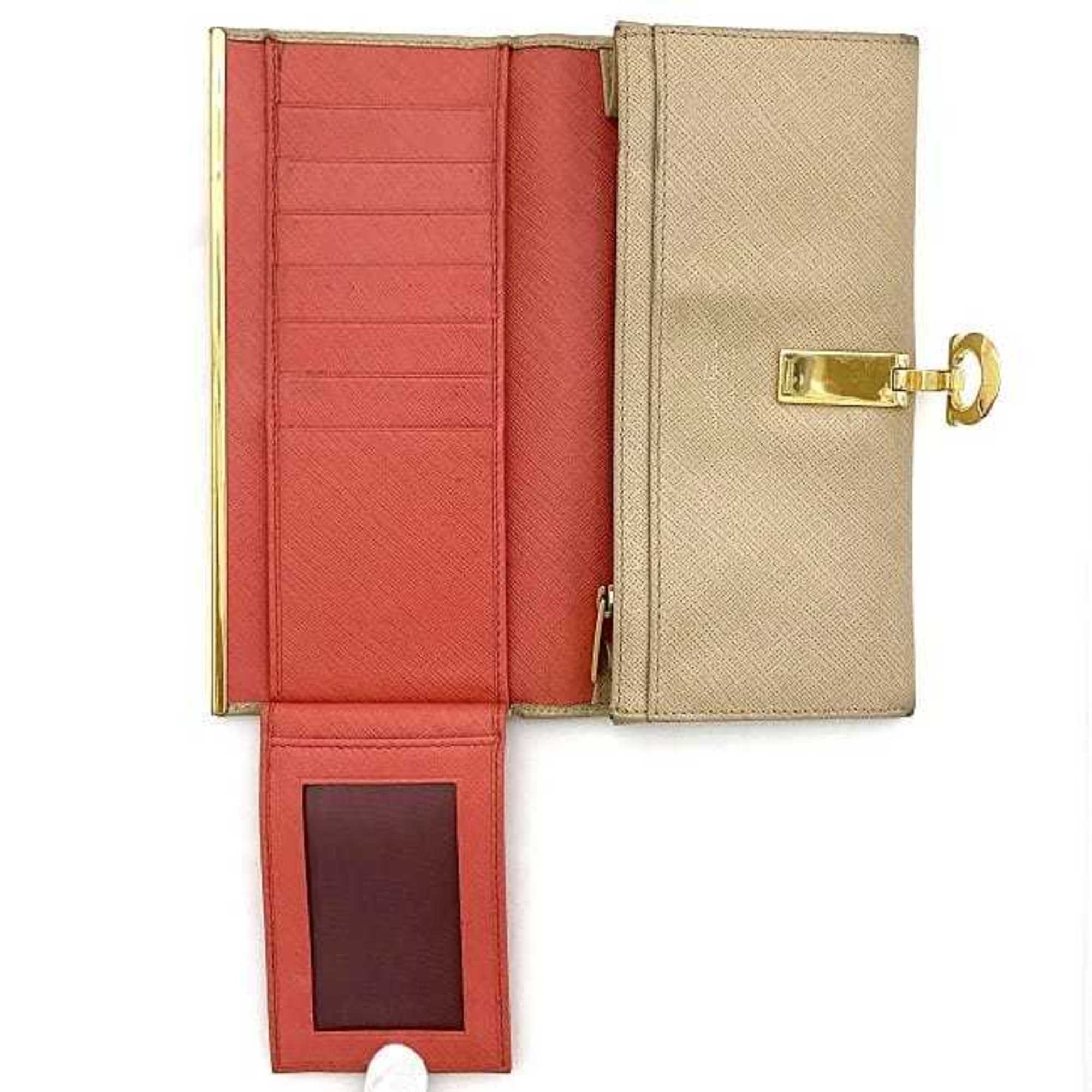 Salvatore Ferragamo Bifold Long Wallet Beige Gold Gancini IK-22 Leather Metal Clip Flap Women's