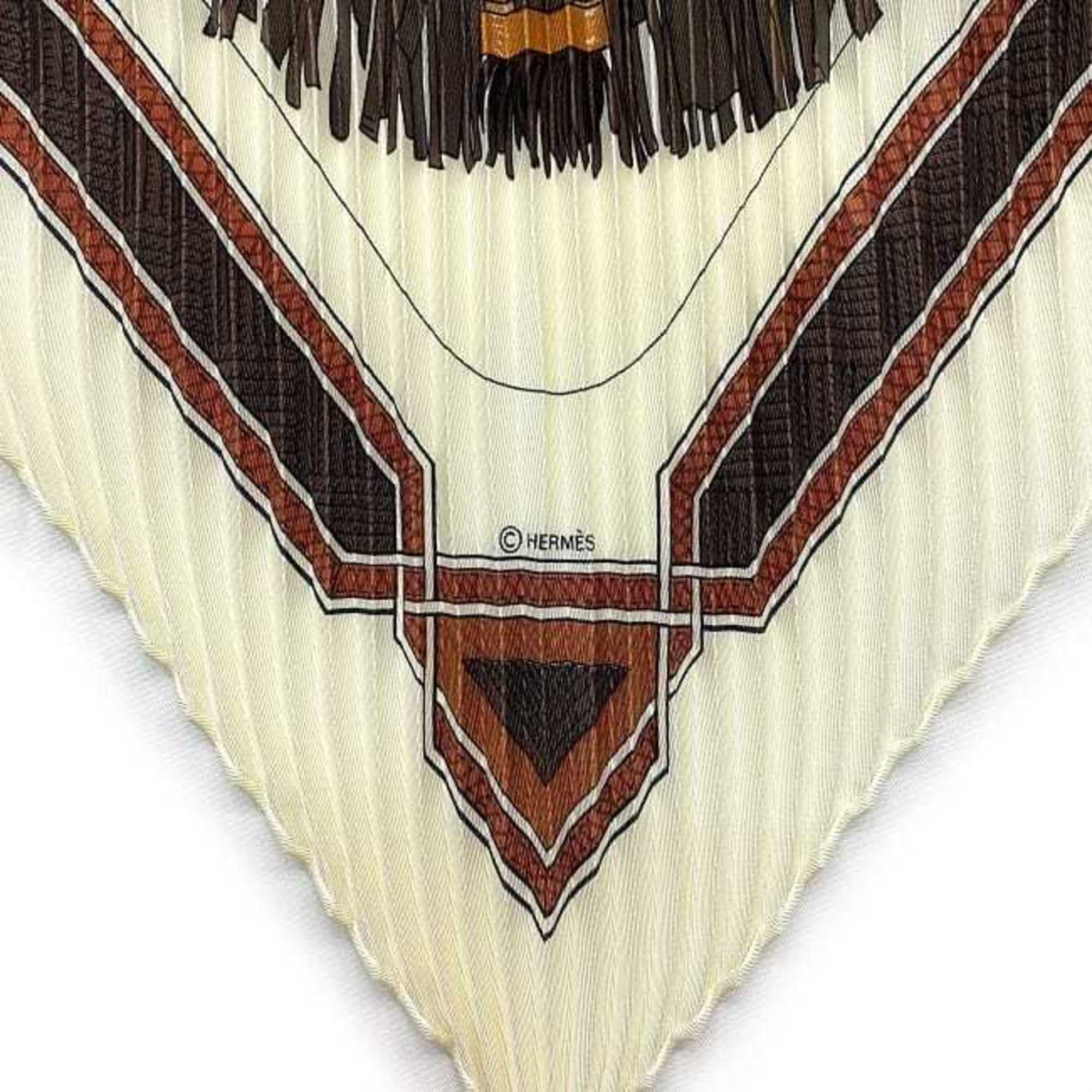 Hermes pleated scarf muffler white brown desert neck silk 100% HERMES EUIRS DU DESERT ladies