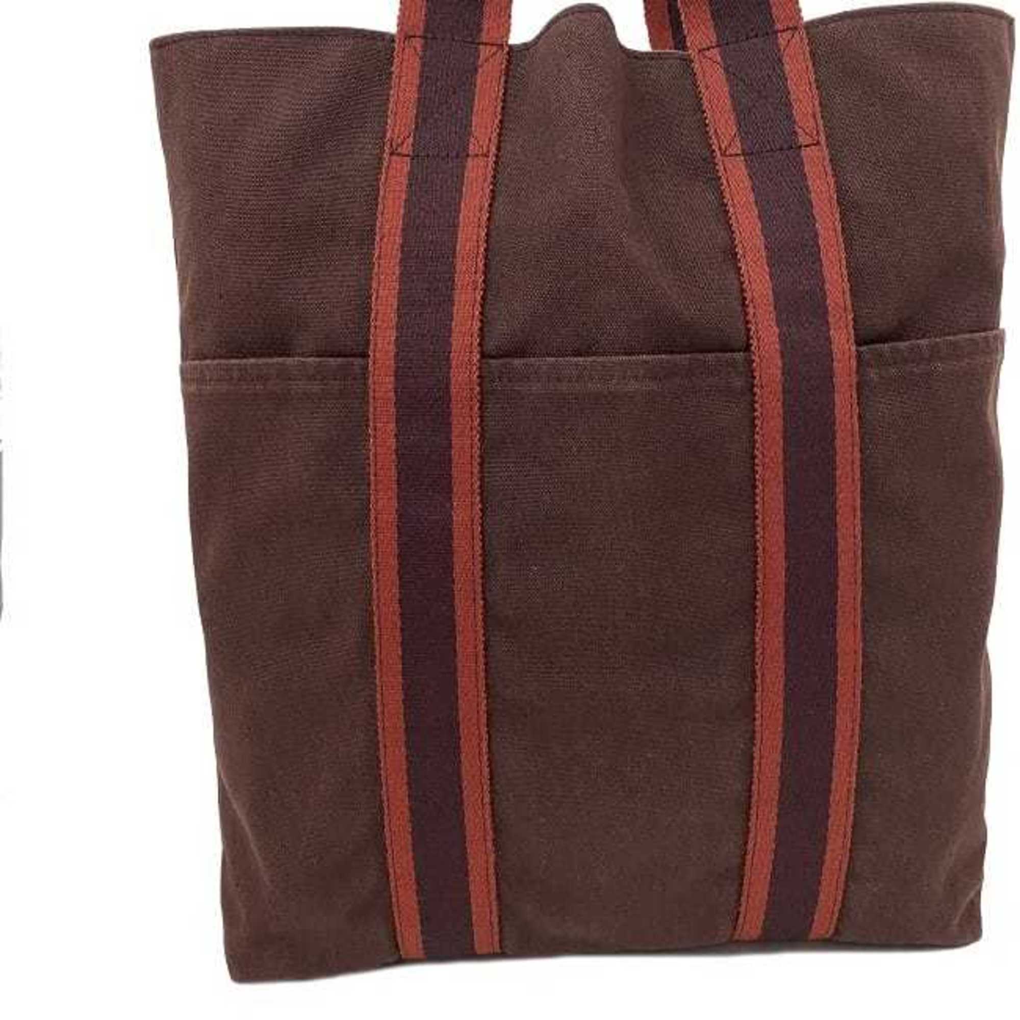 Hermes tote bag Kabas Bordeaux red cotton canvas HERMES stripe wine ladies' men's