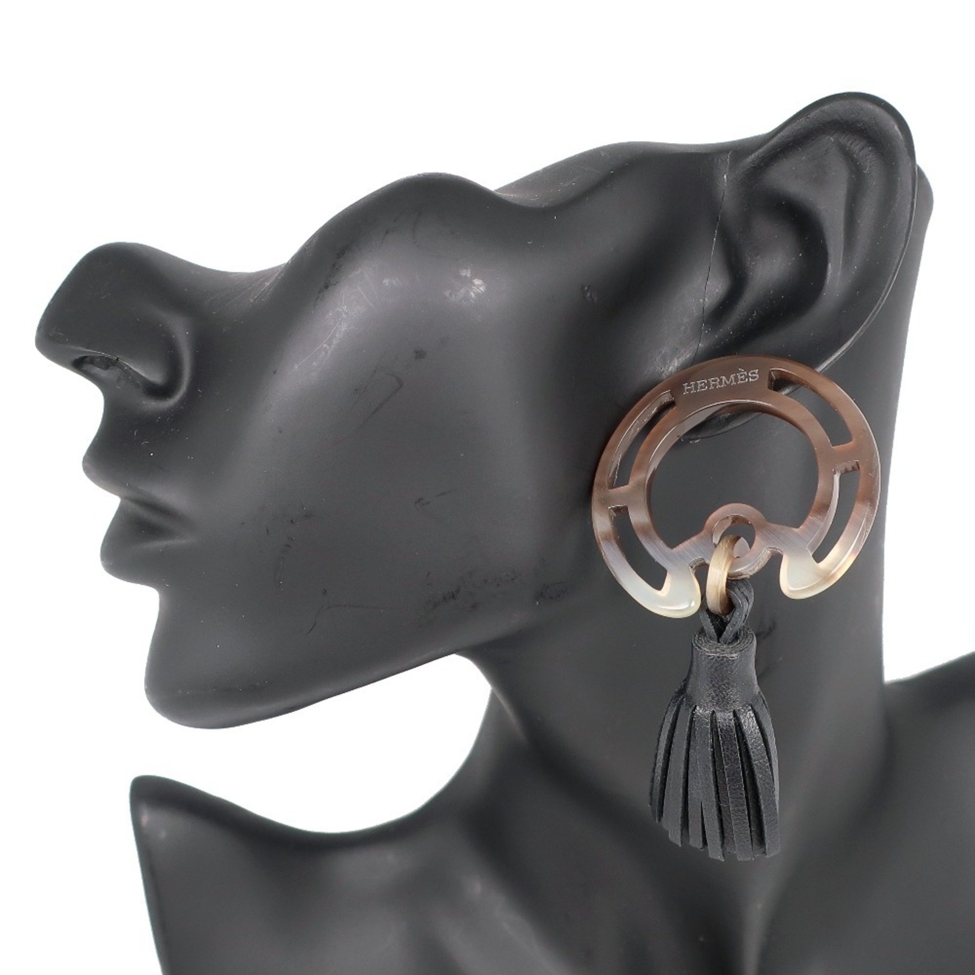 HERMES Hermes Trotter Earrings Buffalo Horn x Lambskin Black/Gray Ladies