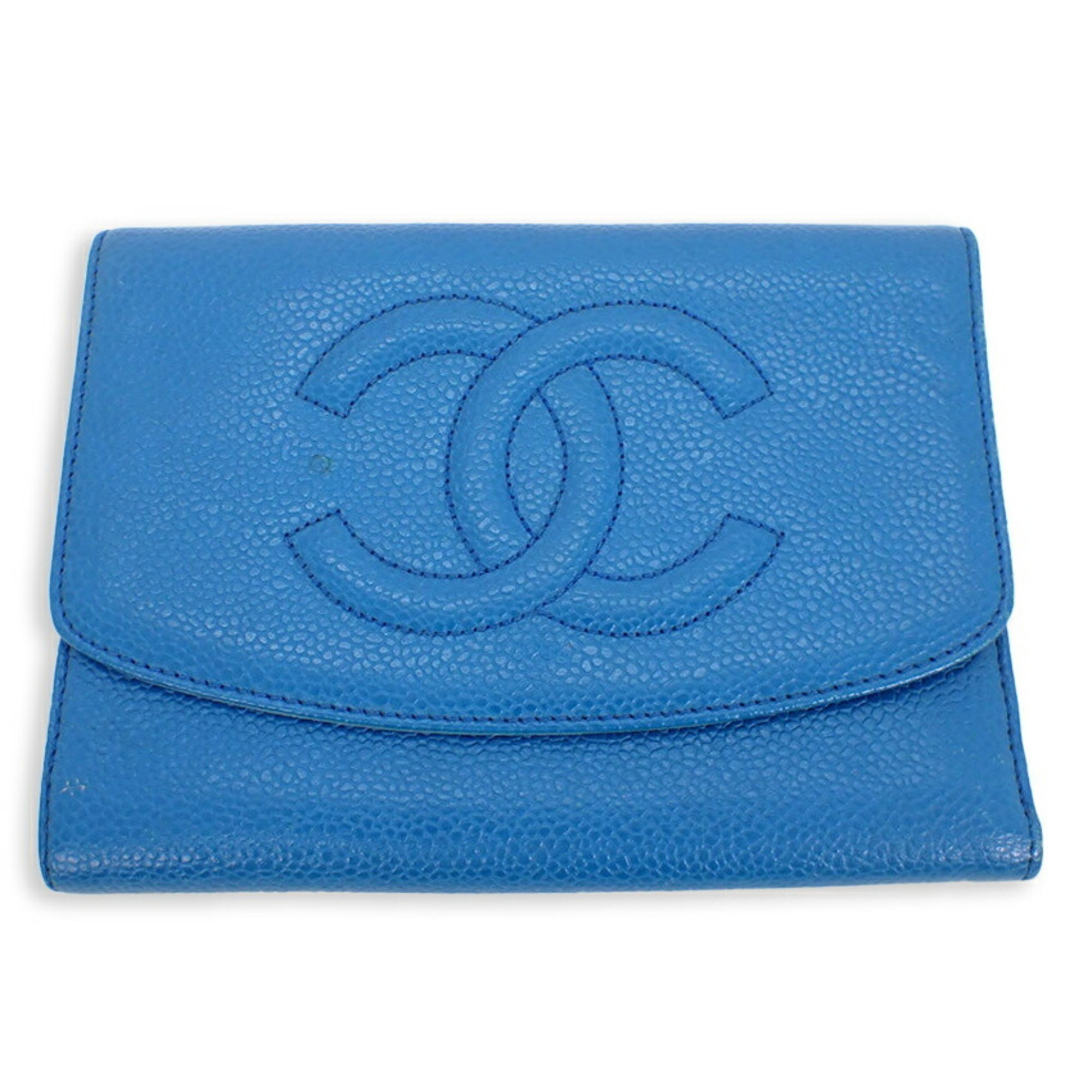 CHANEL Chanel here mark caviar skin tri-fold wallet blue with seal No. 5