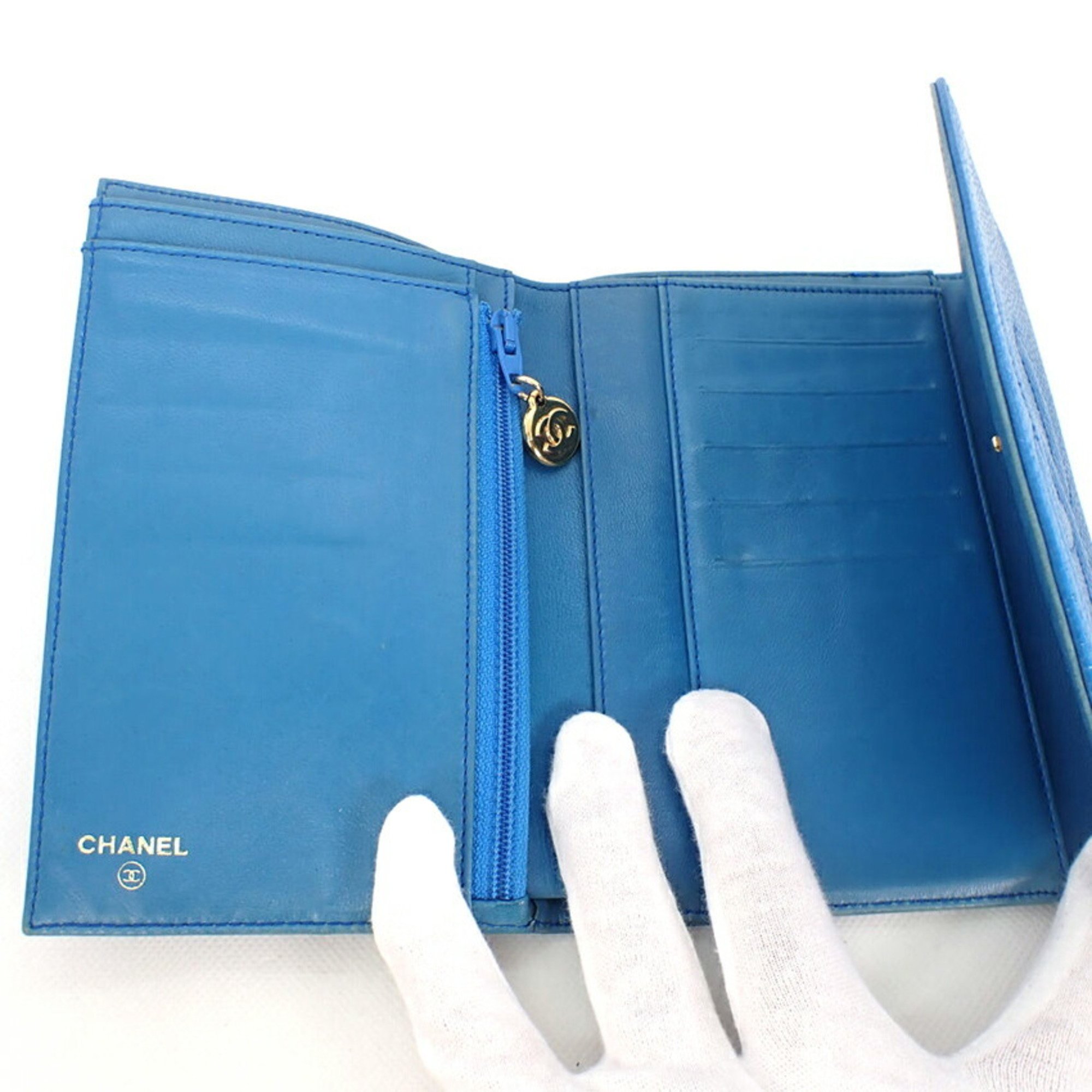 CHANEL Chanel here mark caviar skin tri-fold wallet blue with seal No. 5