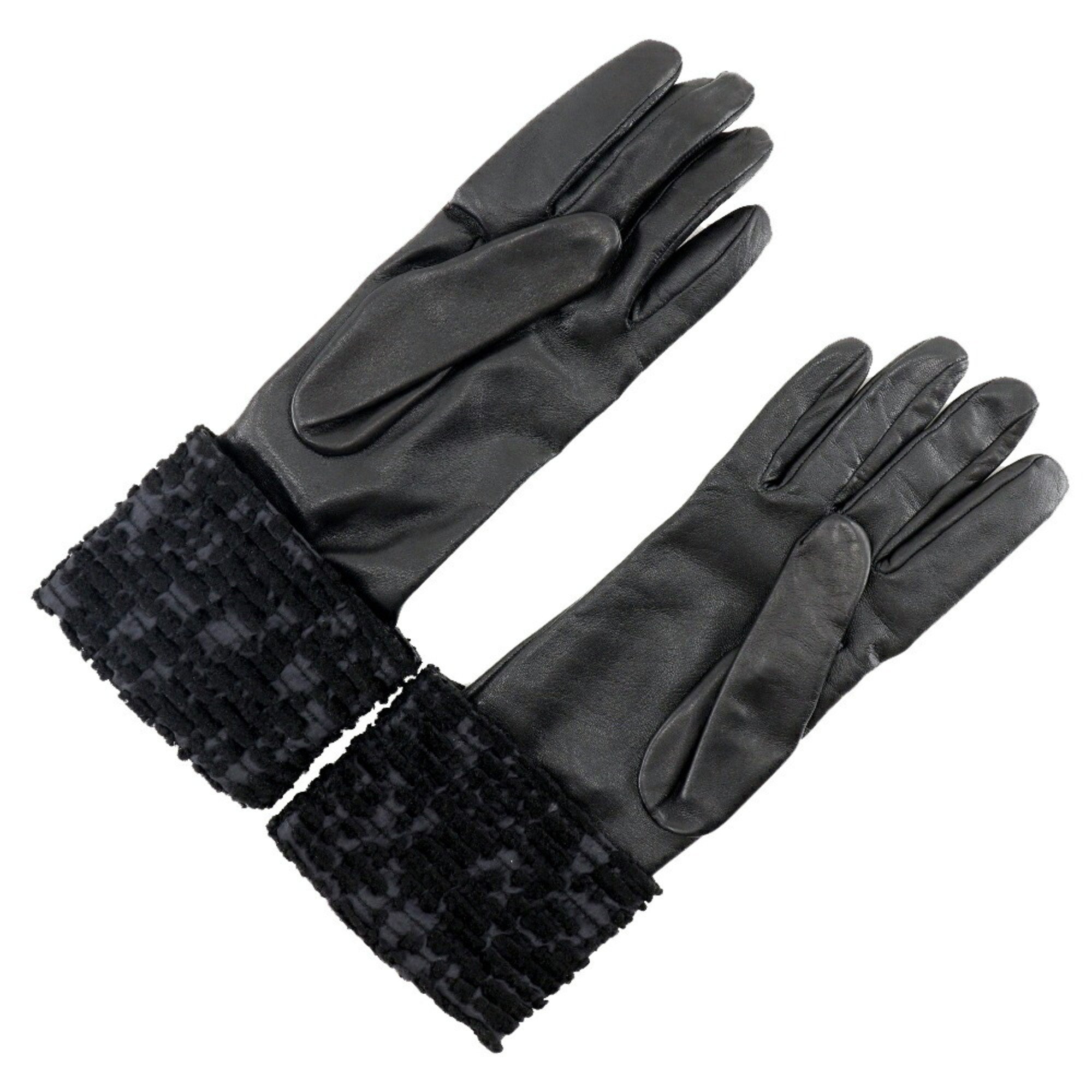 HERMES Hermes glove gloves lambskin x satin black ladies