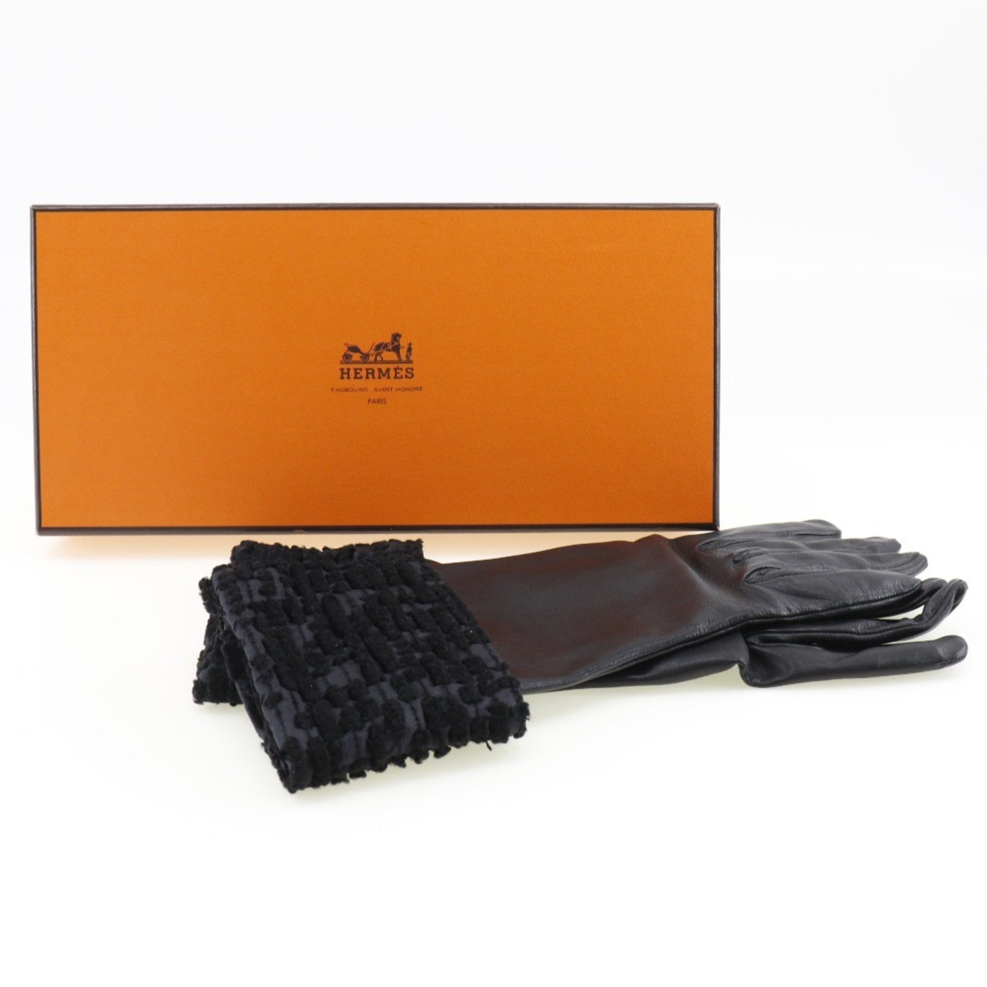 HERMES Hermes glove gloves lambskin x satin black ladies