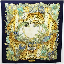 Salvatore Ferragamo silk scarf leopard print plant pattern navy x ivory ladies