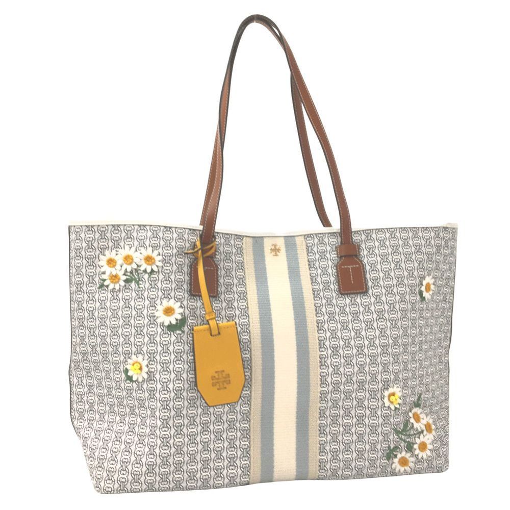 Tory Burch Tote Bag Daisy Flower 62013 PVC Coated Canvas Leather