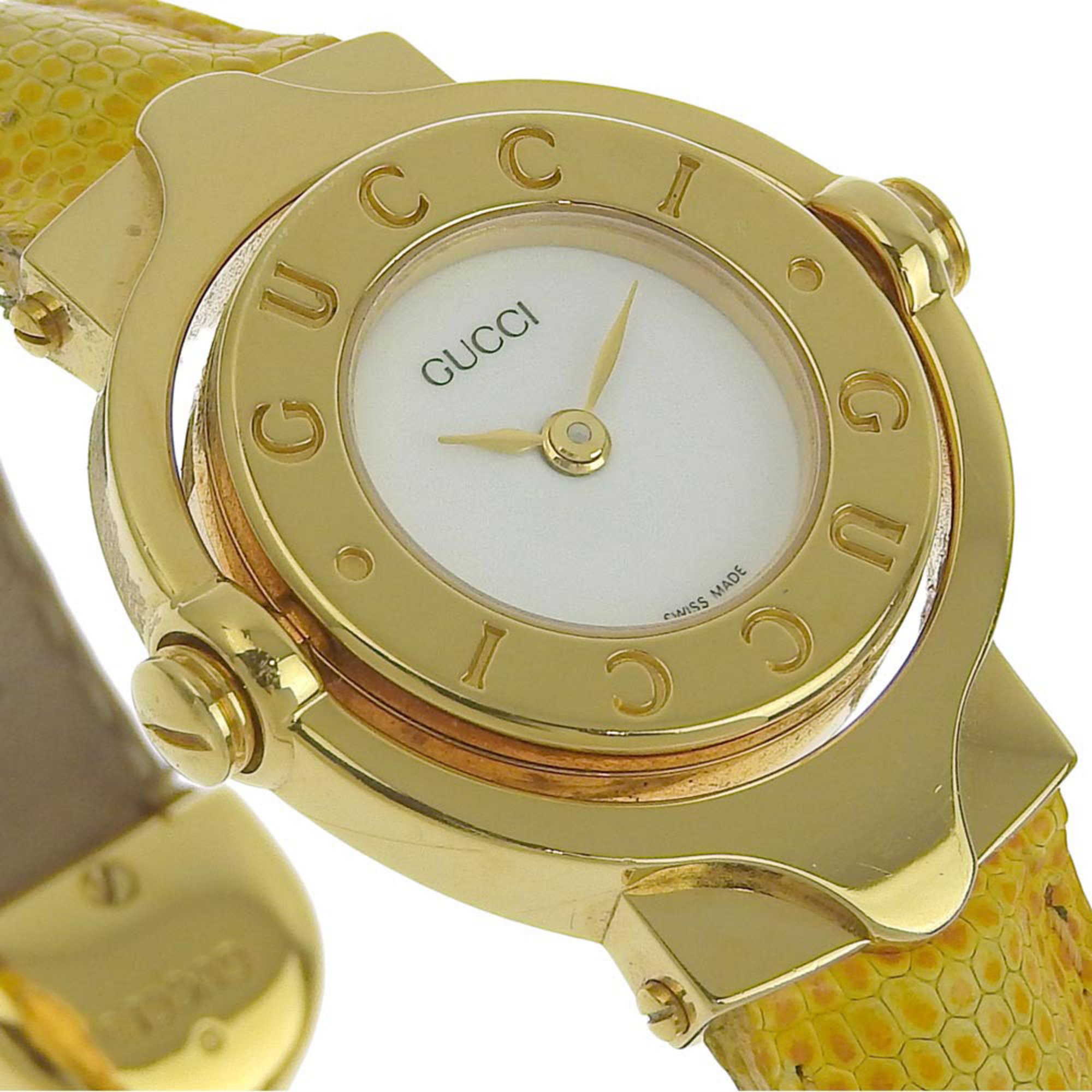 GUCCI Gucci Rotating G Bangle Watch GQ6600 Gold Plated x Leather Yellow Quartz Analog Display Ladies White Dial