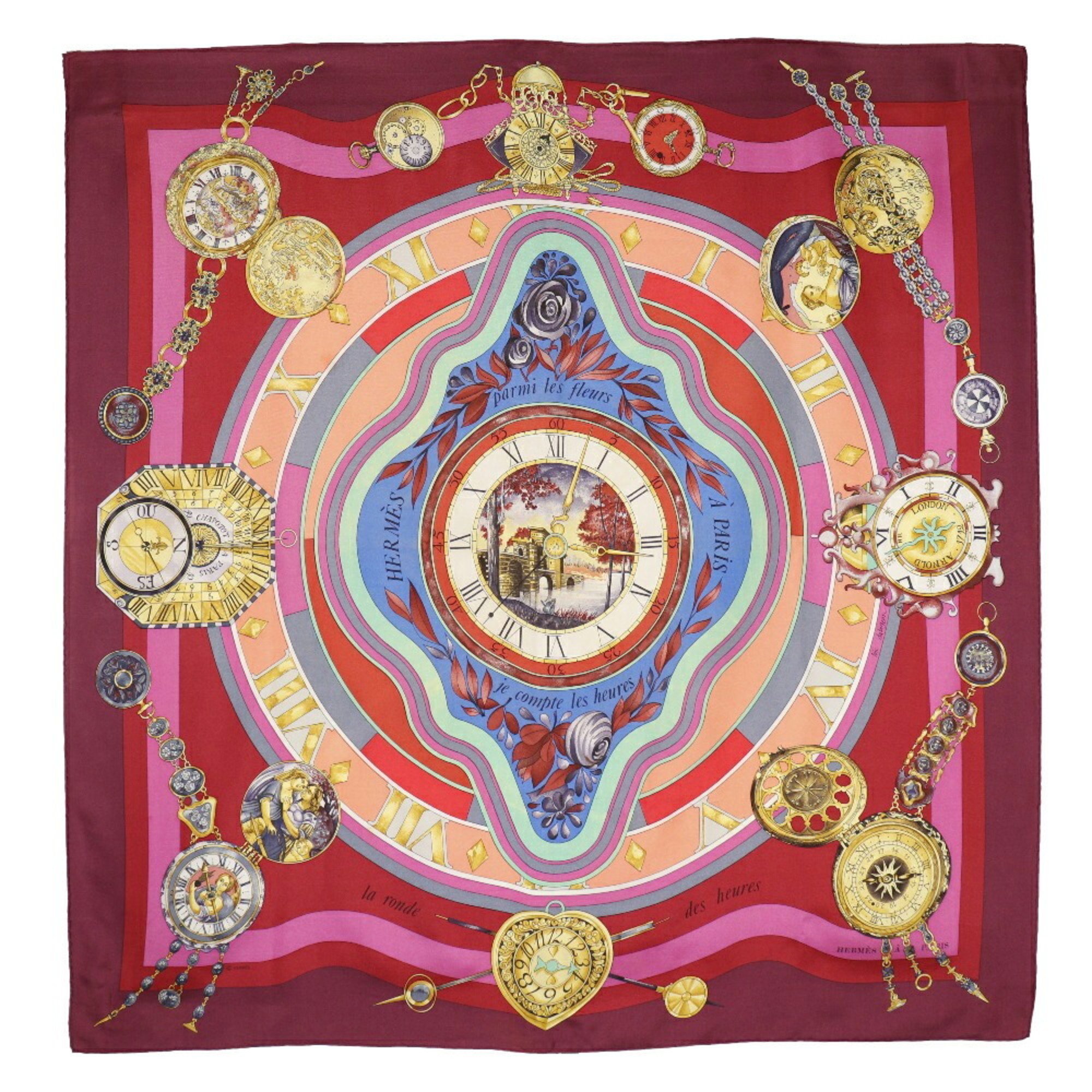 HERMES Hermes Carre 90 scarf parmi les fleurs je compte heures time spent in flowers silk red ladies