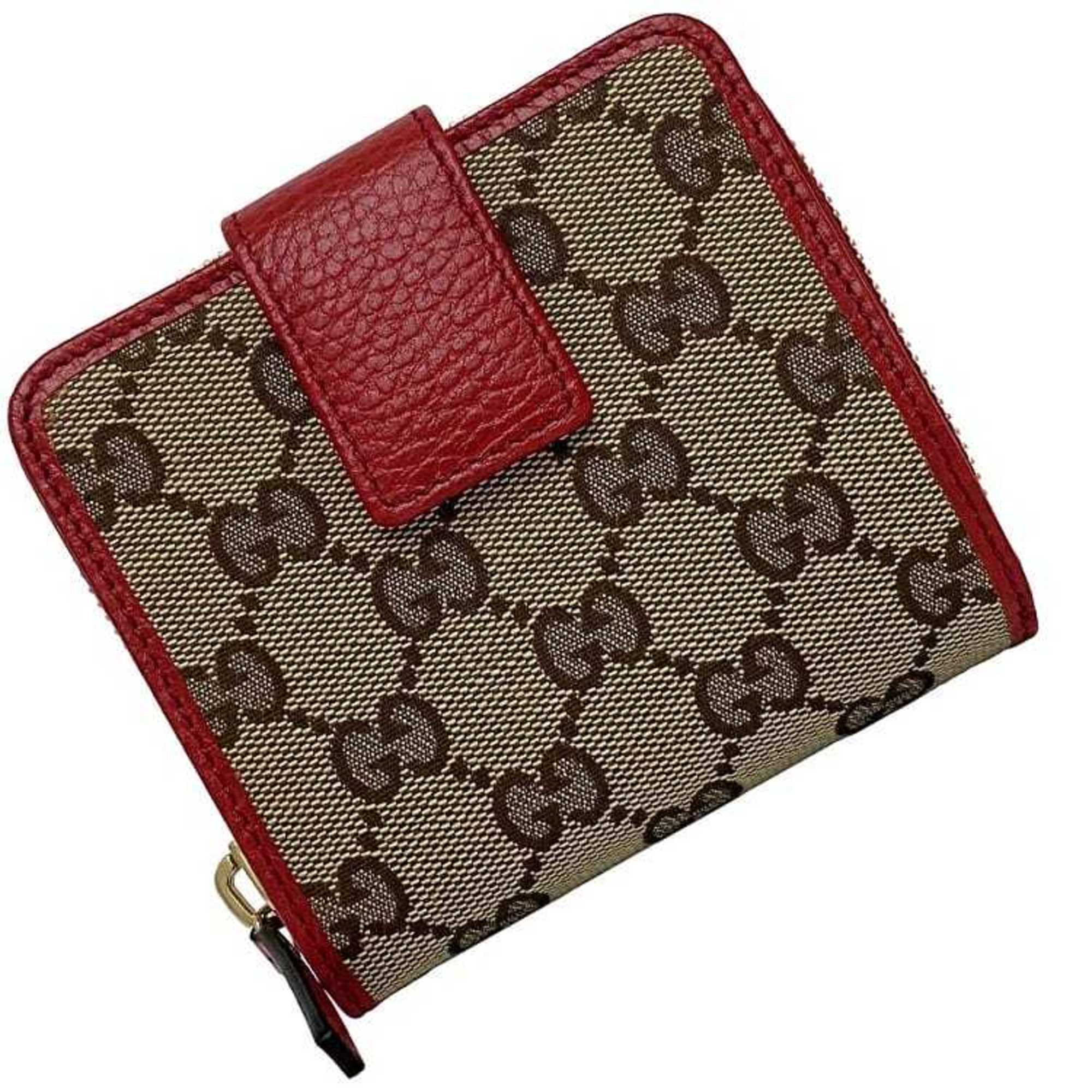 Gucci Folio Wallet Beige Red GG 346056 Canvas Leather GUCCI Round Women's