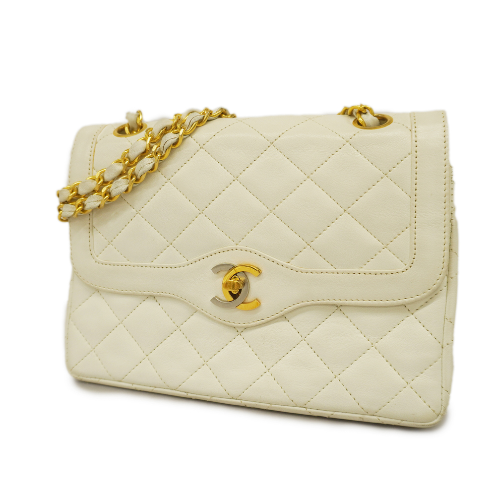 Auth Chanel Matelasse Paris Limited W Flap W Chain Leather Shoulder Bag  White