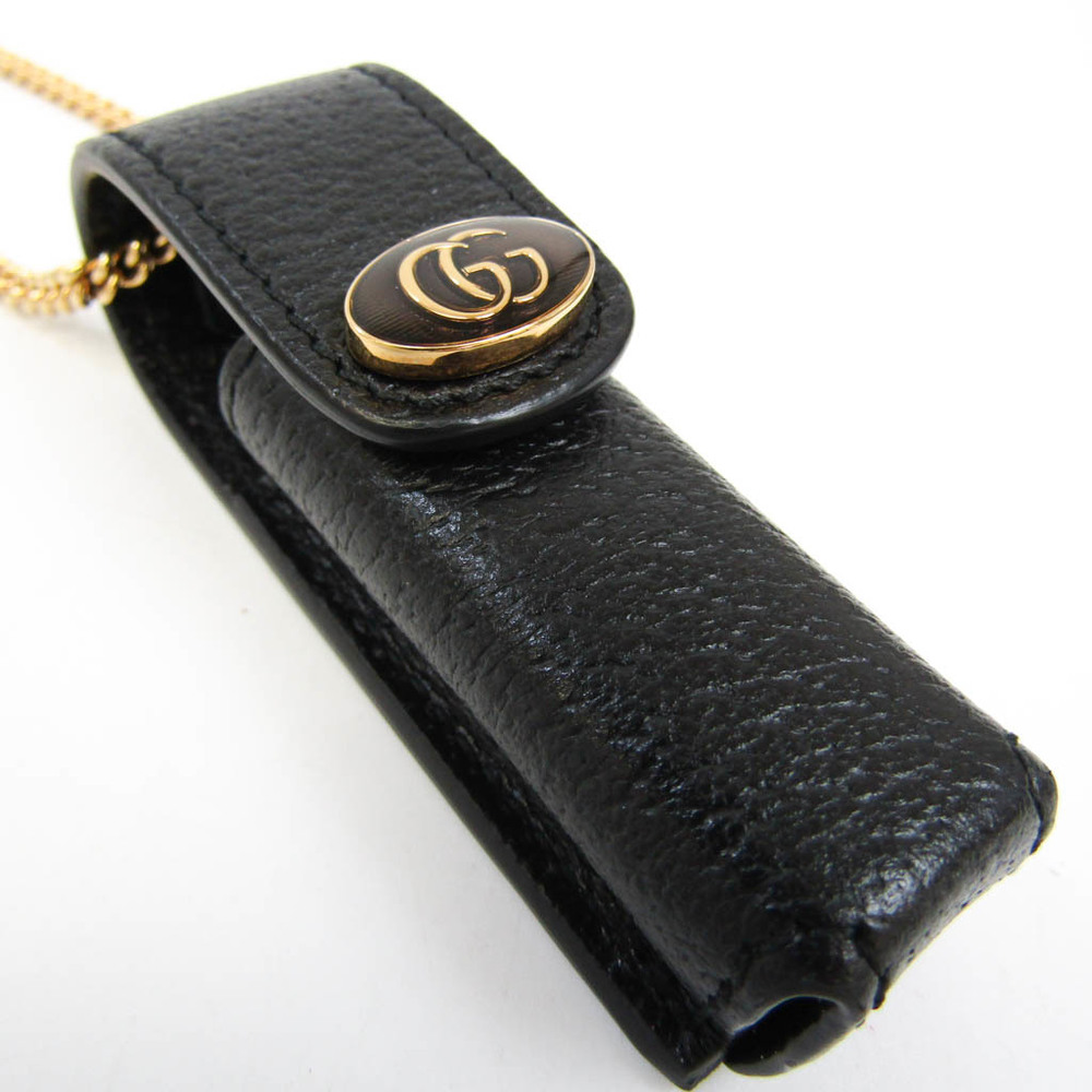 Auth NIB GUCCI Black Leather Lipstick Case Holder With Chain Necklace Italy