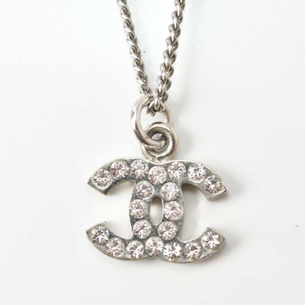 Chanel necklace pendant CHANEL here mark CC rhinestone silver white