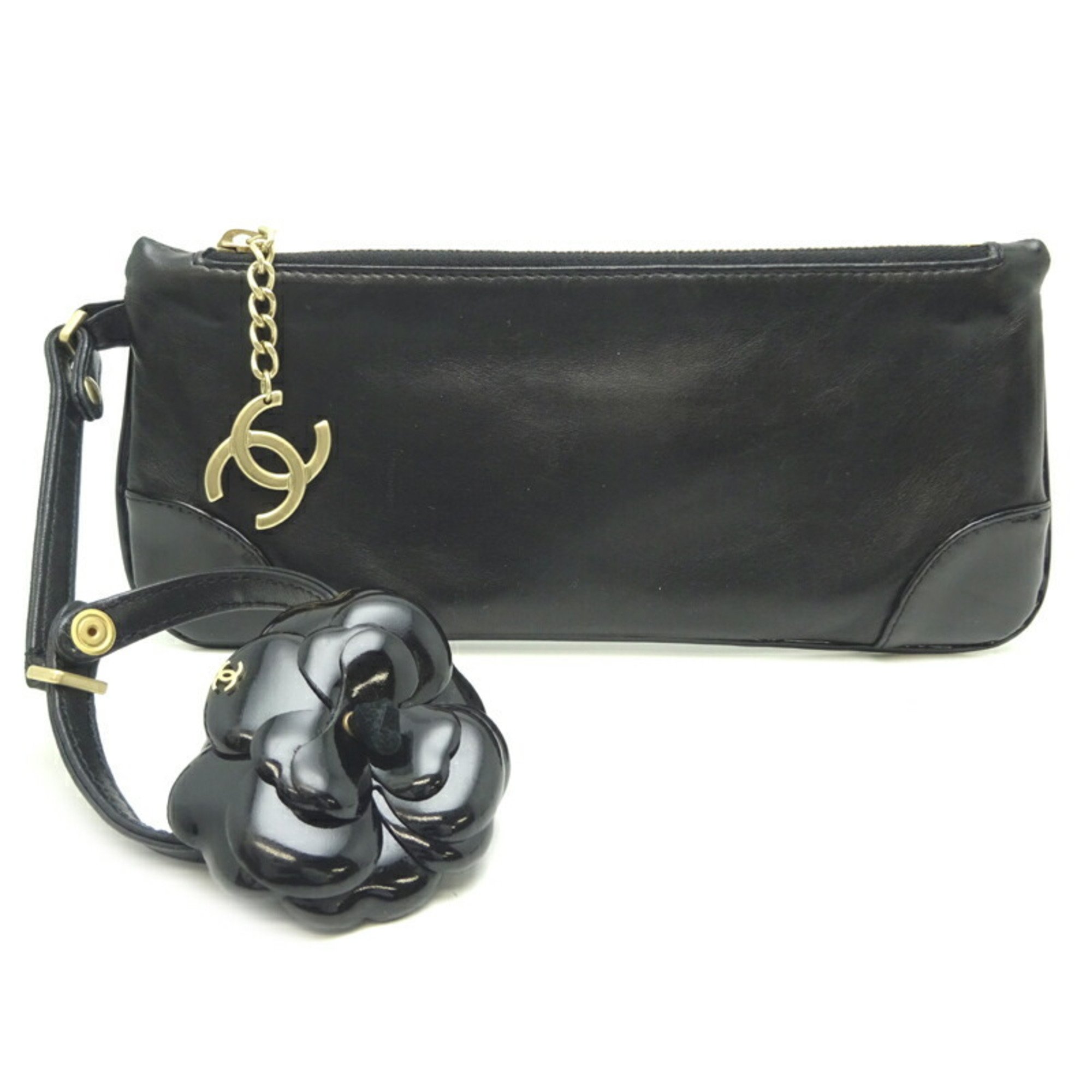 Chanel Camellia Pouch Women's and Men's Handbag Leather Black