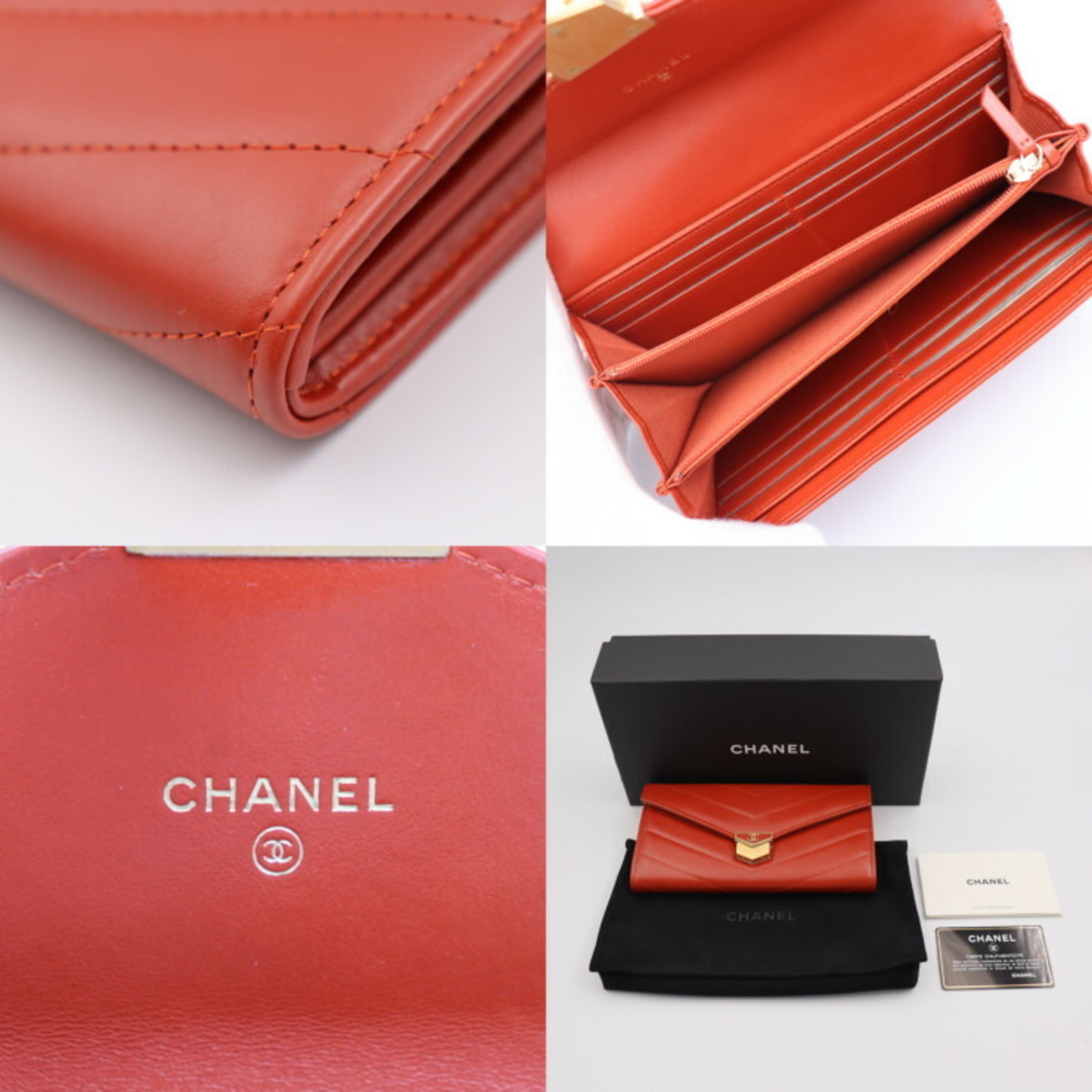 CHANEL Chanel Chevron long wallet A81255 brick color gold metal fittings flap cover lid here mark