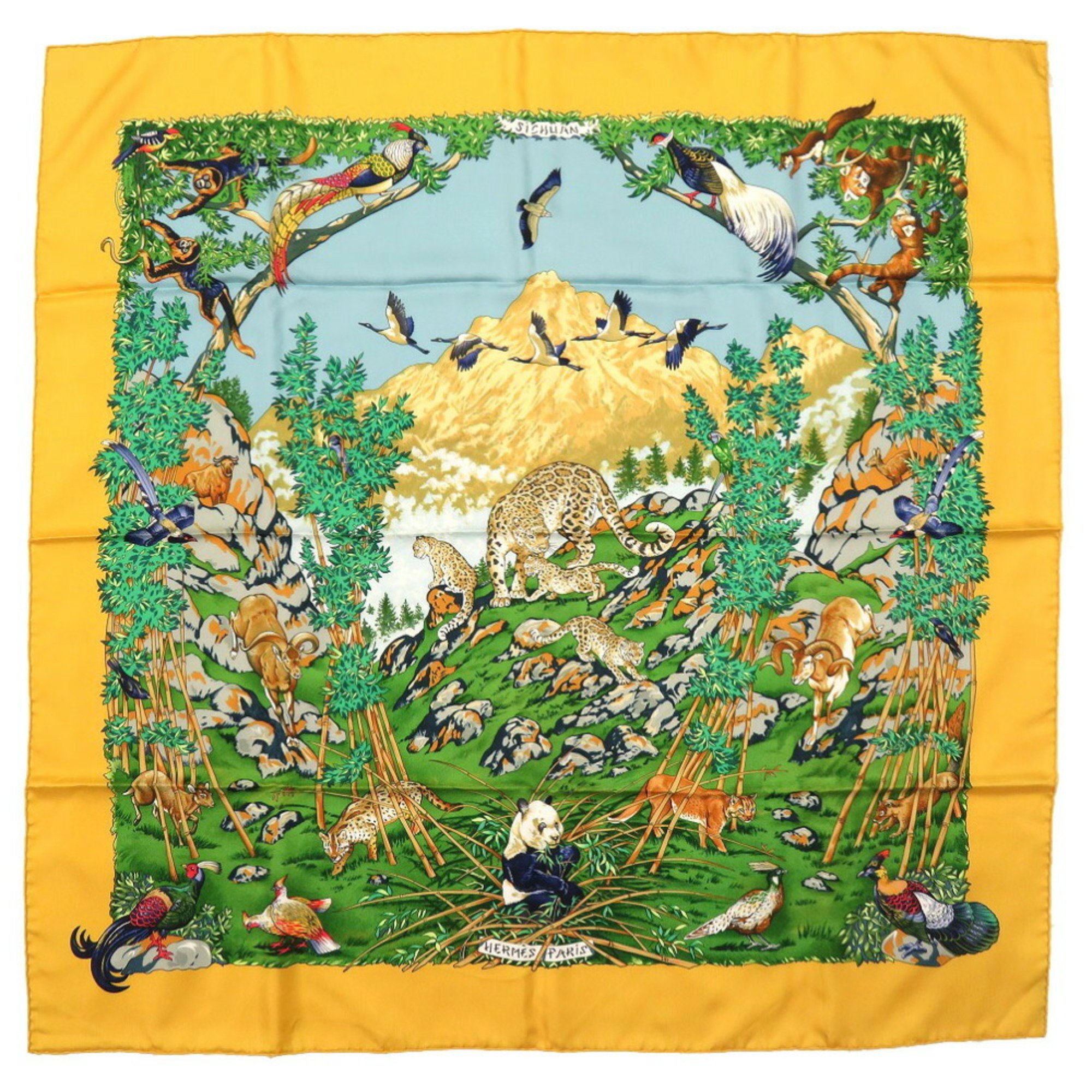 Hermes Carré 90 SICHLIAN Sicilian Animal Sichuan Silk Yellow Scarf Muffler HERMES