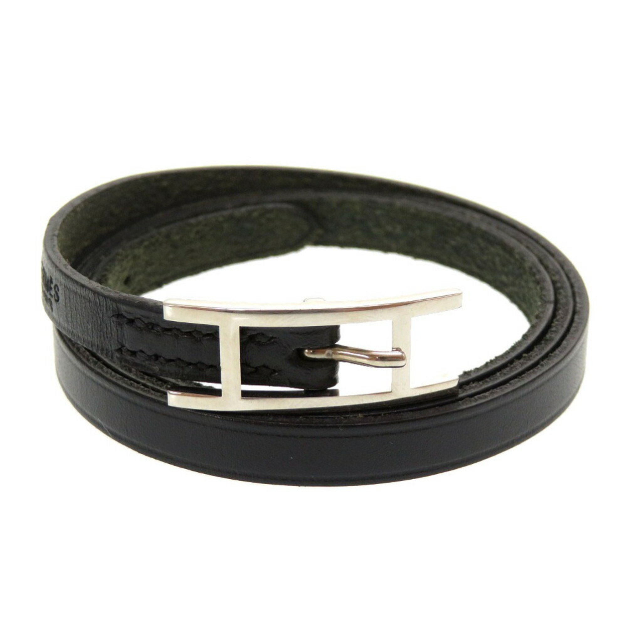 Hermes Api 3 leather black □E engraved bracelet