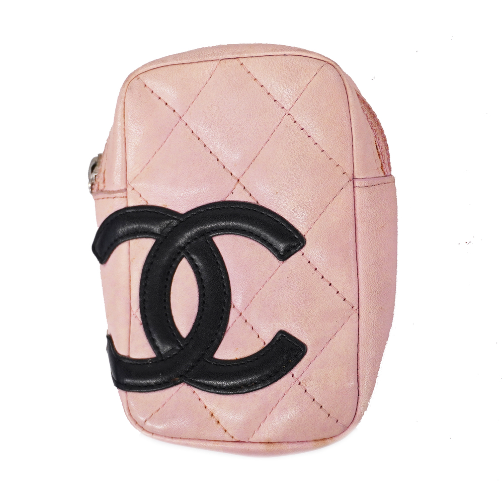 Auth Chanel Ligne Cambon Women's Leather Pouch Black,Pink