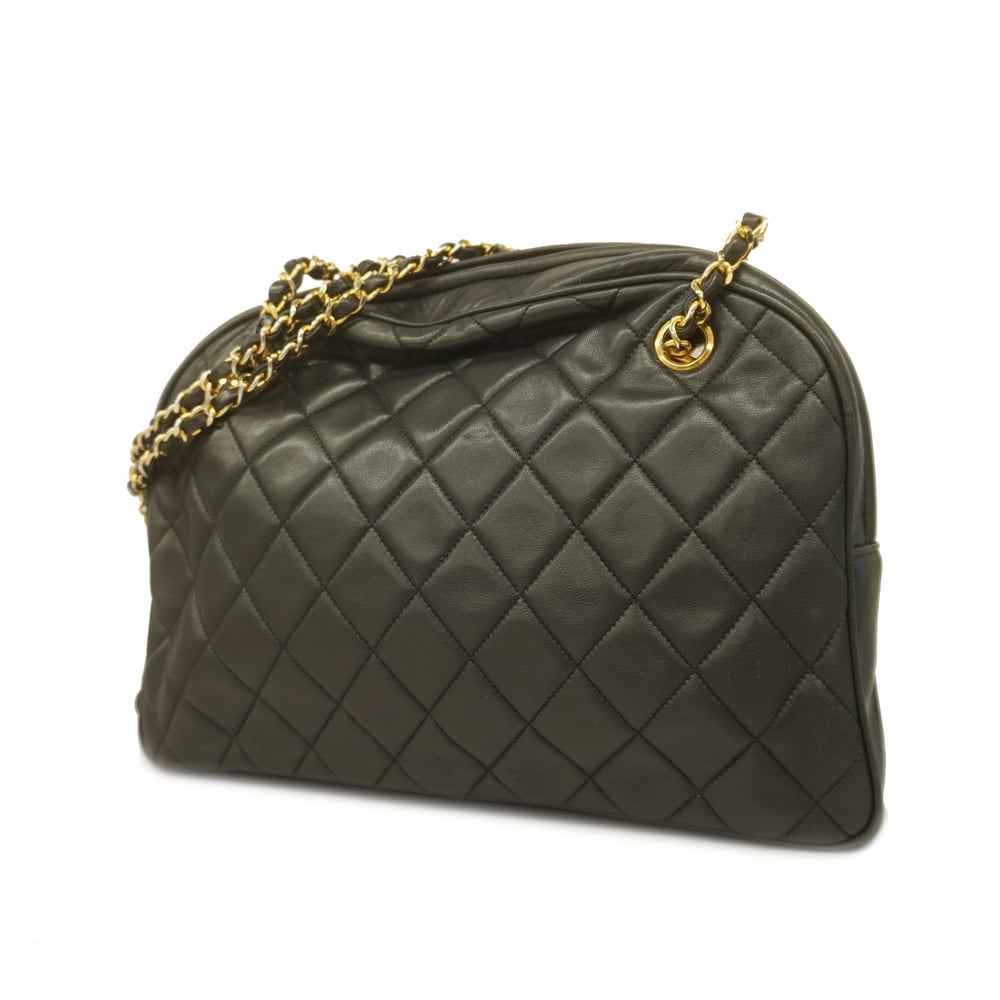 Auth Chanel Matelasse Chain Shoulder Lambskin Women's Leather Shoulder Bag  Black