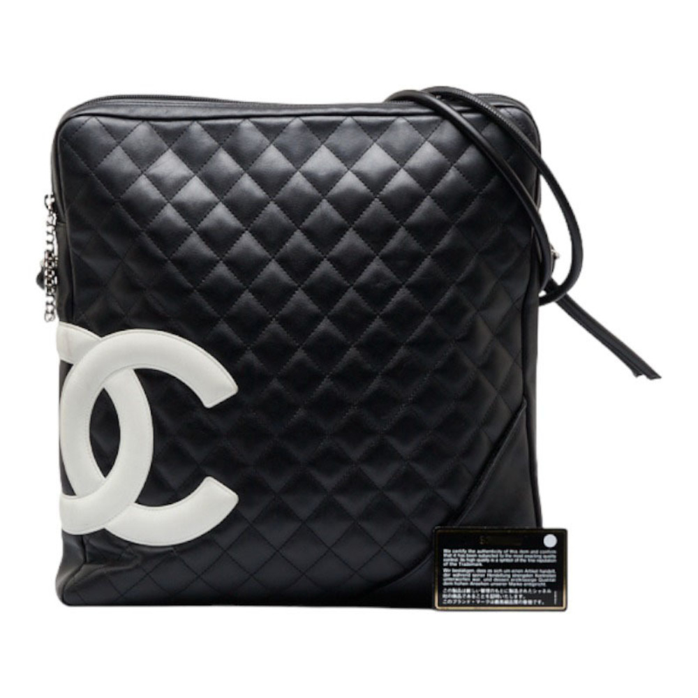 Chanel cambon line quilted shoulder bag black white leather ladies