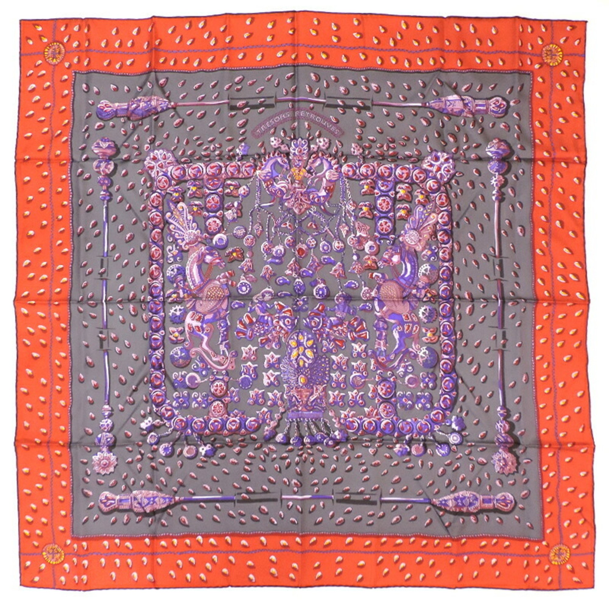 Hermes Carre 90 Hidden Treasure Women's Scarf Muffler 100% Silk Gray Purple Orange