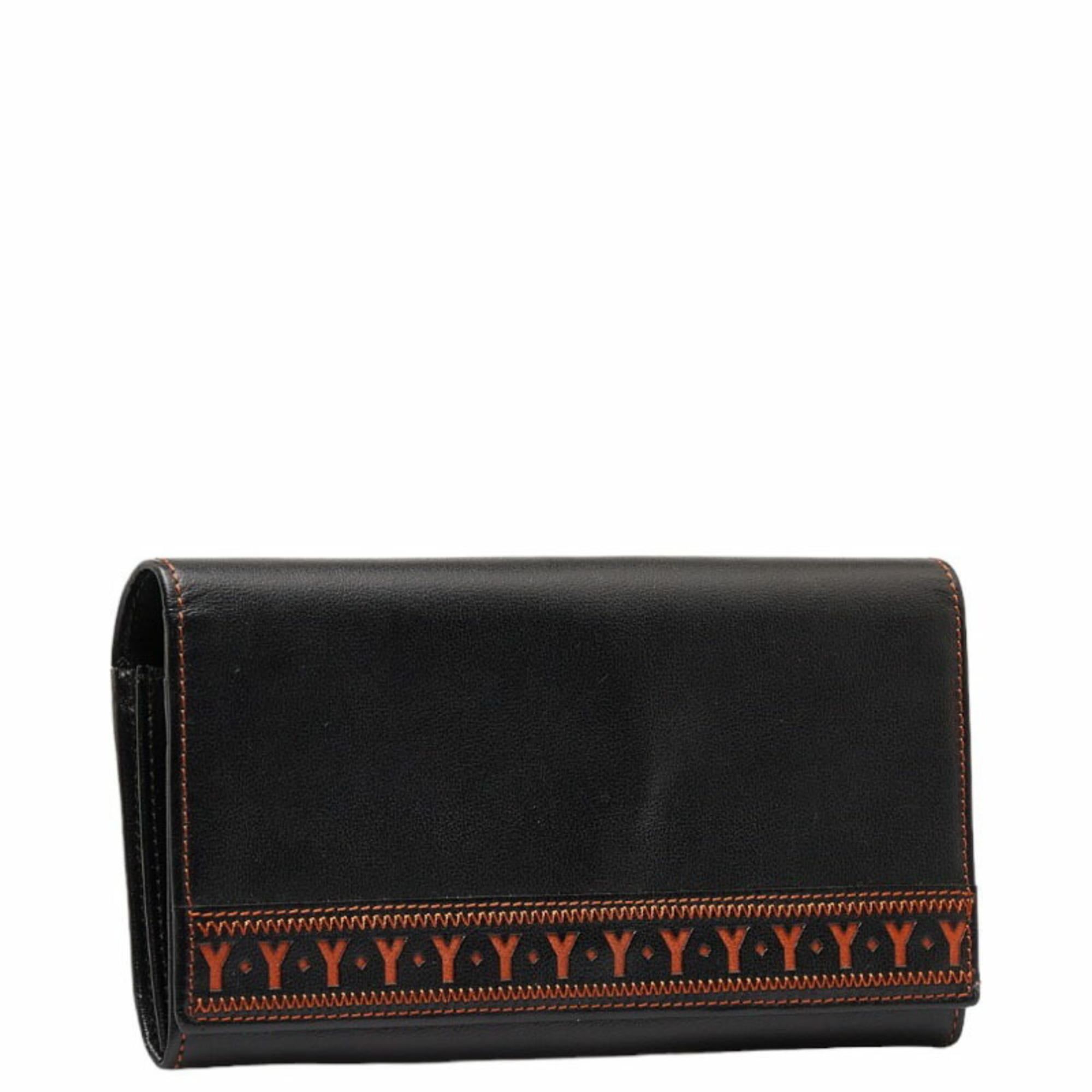 Saint Laurent Y Stitch Long Wallet Black Orange Leather Women's SAINT LAURENT