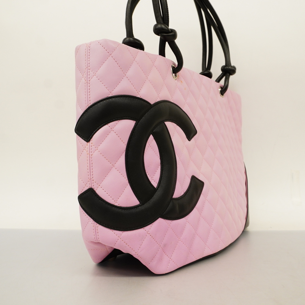 3ad3263] Auth Chanel tote bag Cambon lambskin pink silver metal