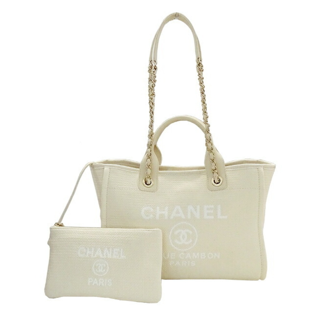 CHANEL Bag Deauville Women's Handbag Shoulder 2way Canvas MM Ivory