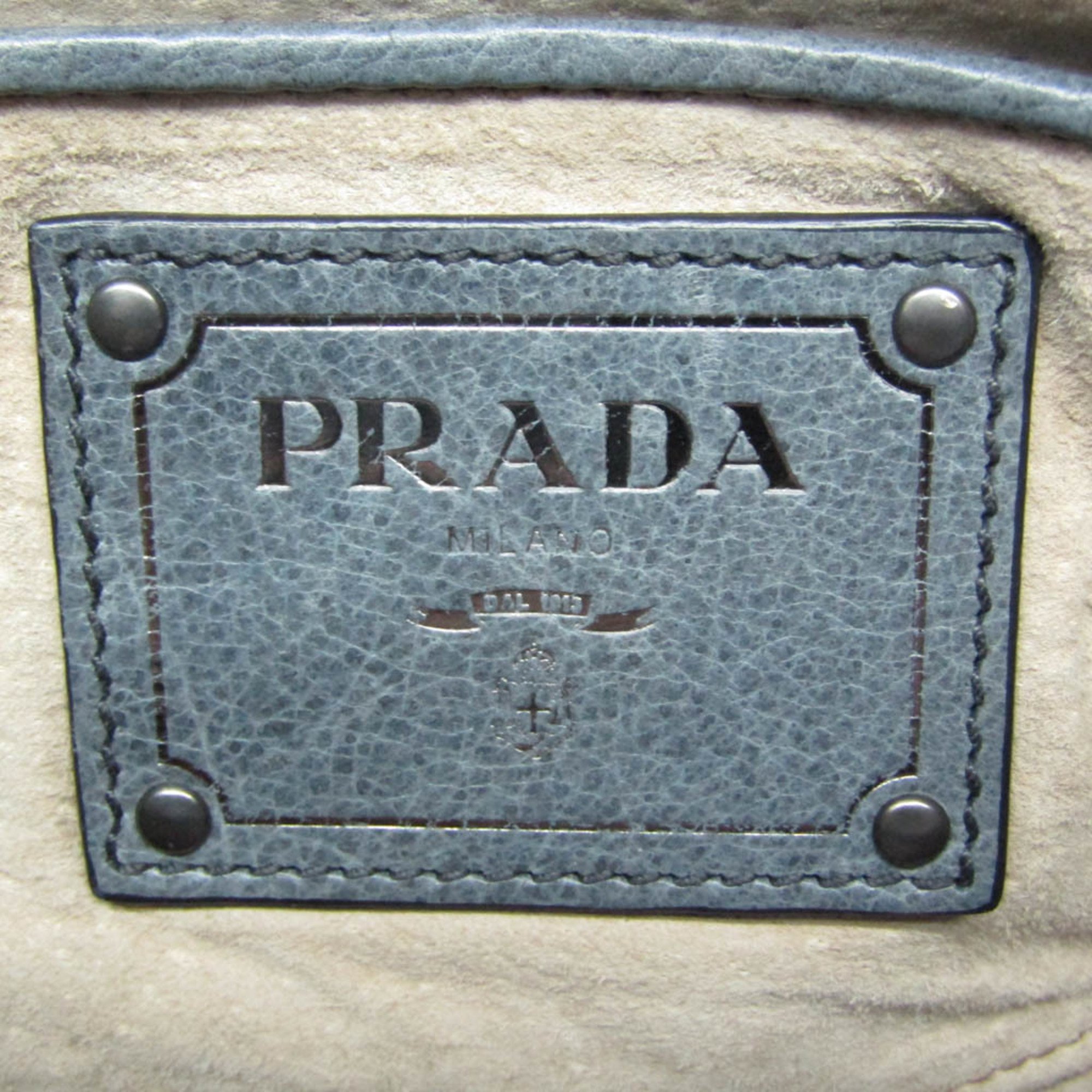 Prada BL0739 Women's Leather Handbag,Shoulder Bag Gray,Gray Navy
