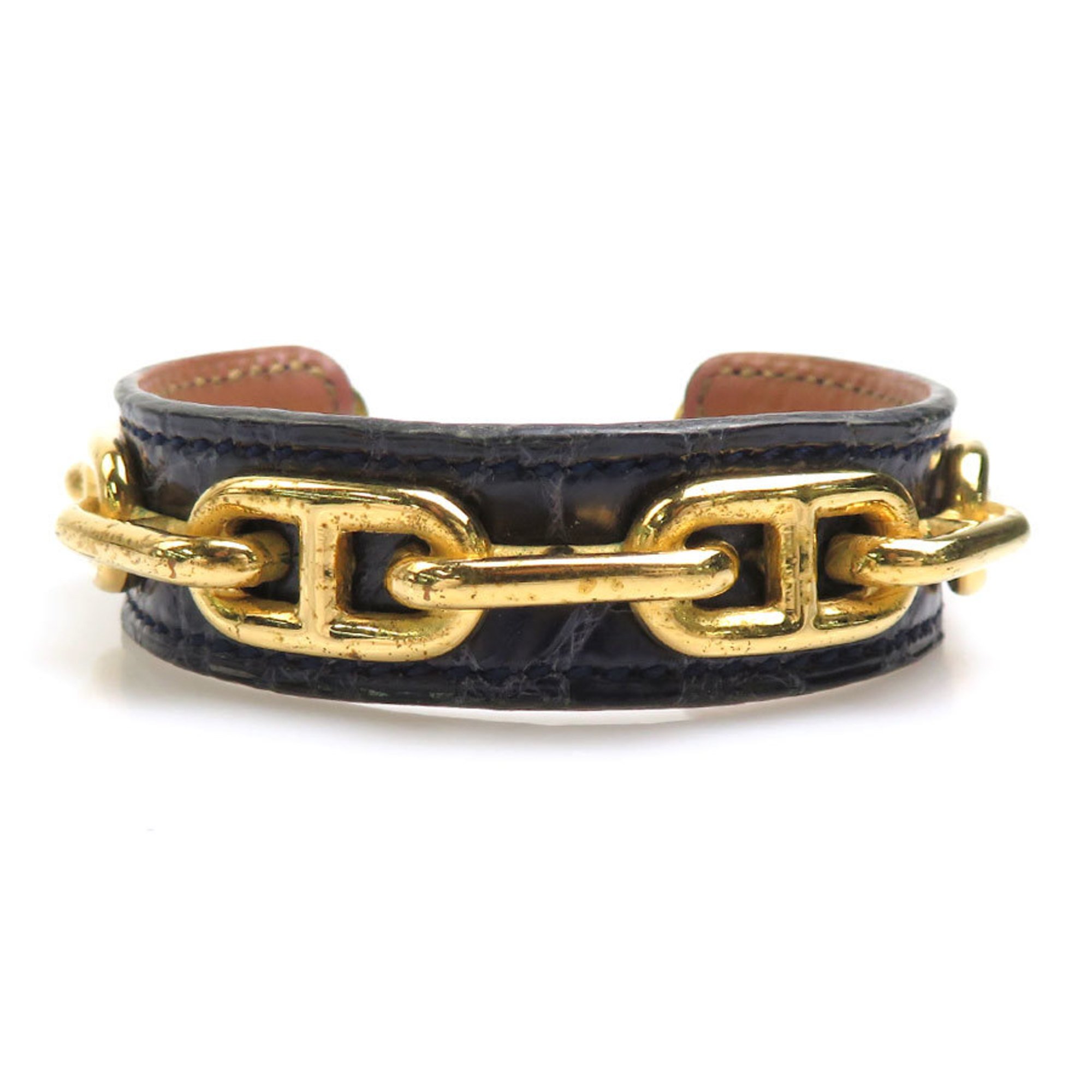 HERMES Bangle Bracelet Chaine d'Ancre Leather/Metal Navy/Gold Unisex