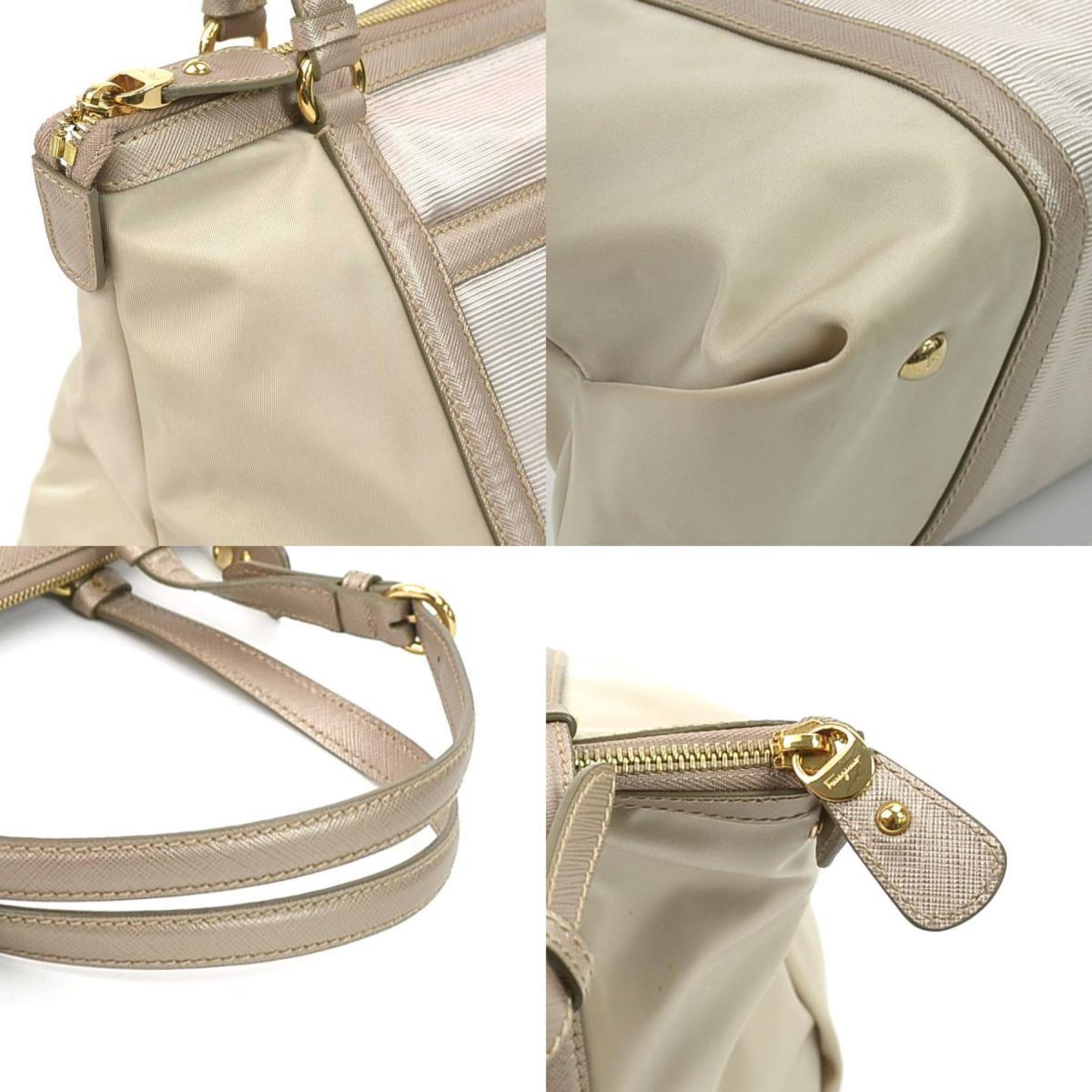 Salvatore Ferragamo Shoulder Bag Vara Ribbon Nylon/Leather Beige Women's