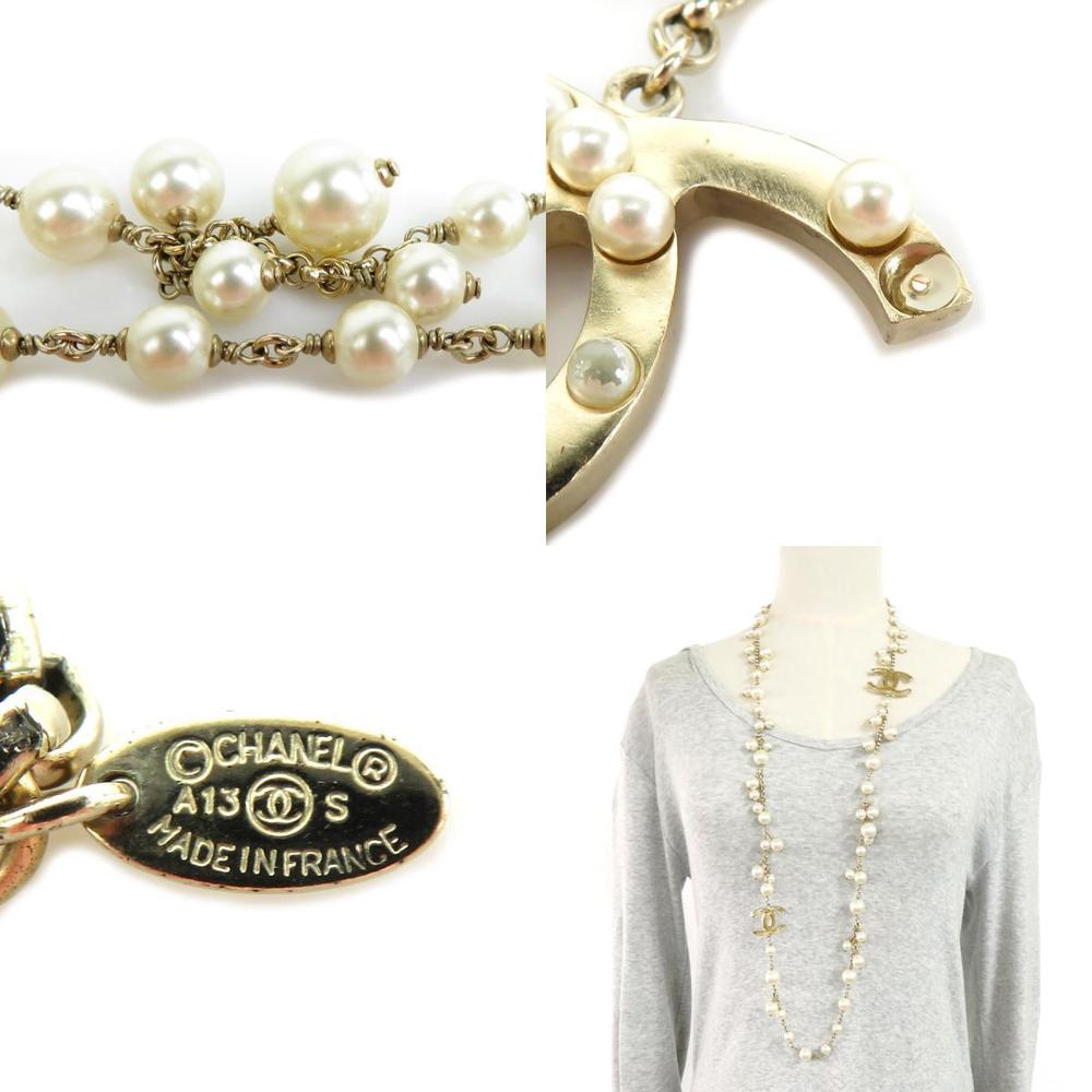 CHANEL Necklace Coco Mark Metal/Fake Pearl Gold/White Ladies