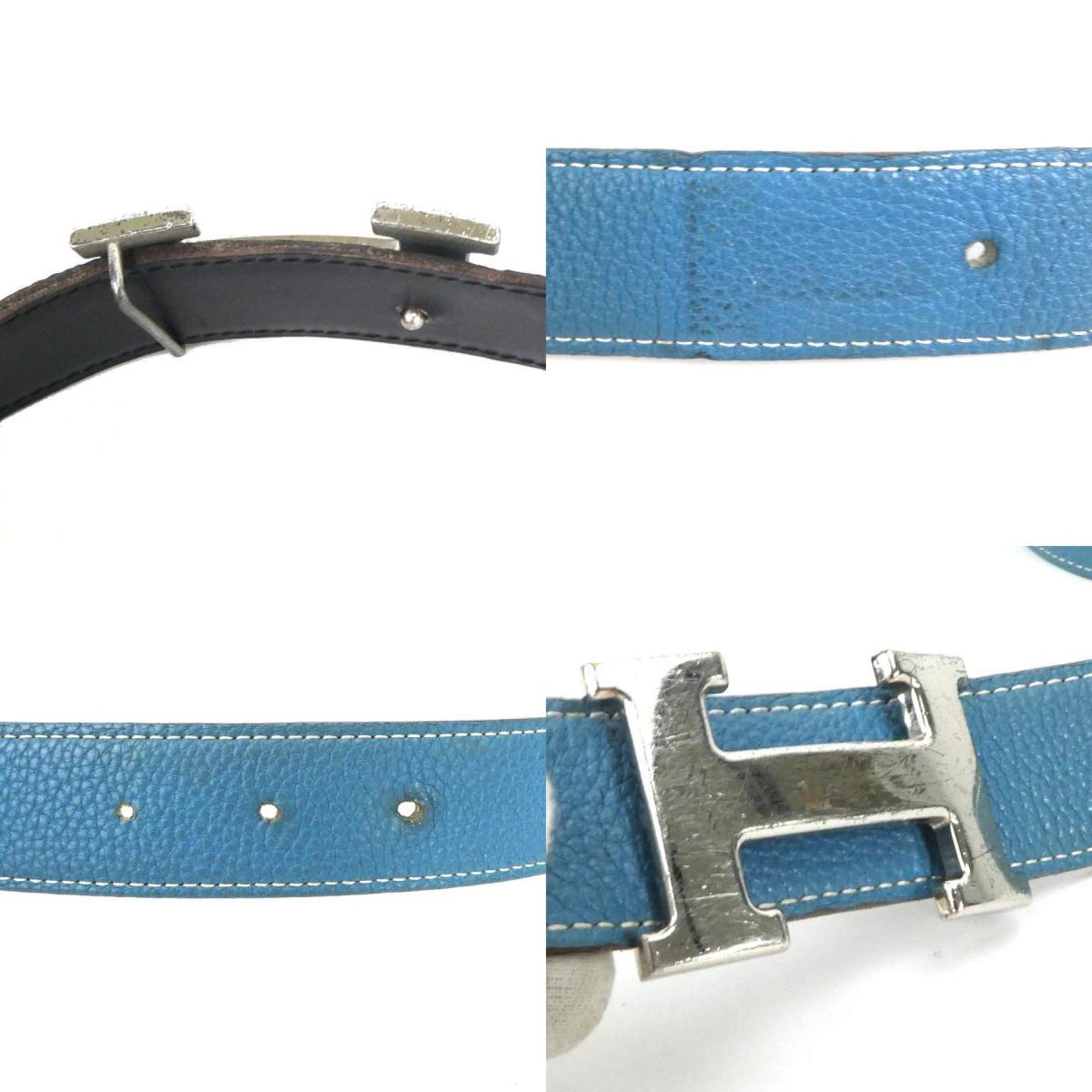 HERMES Belt Constance H Leather/Metal Blue/Black/Silver Unisex
