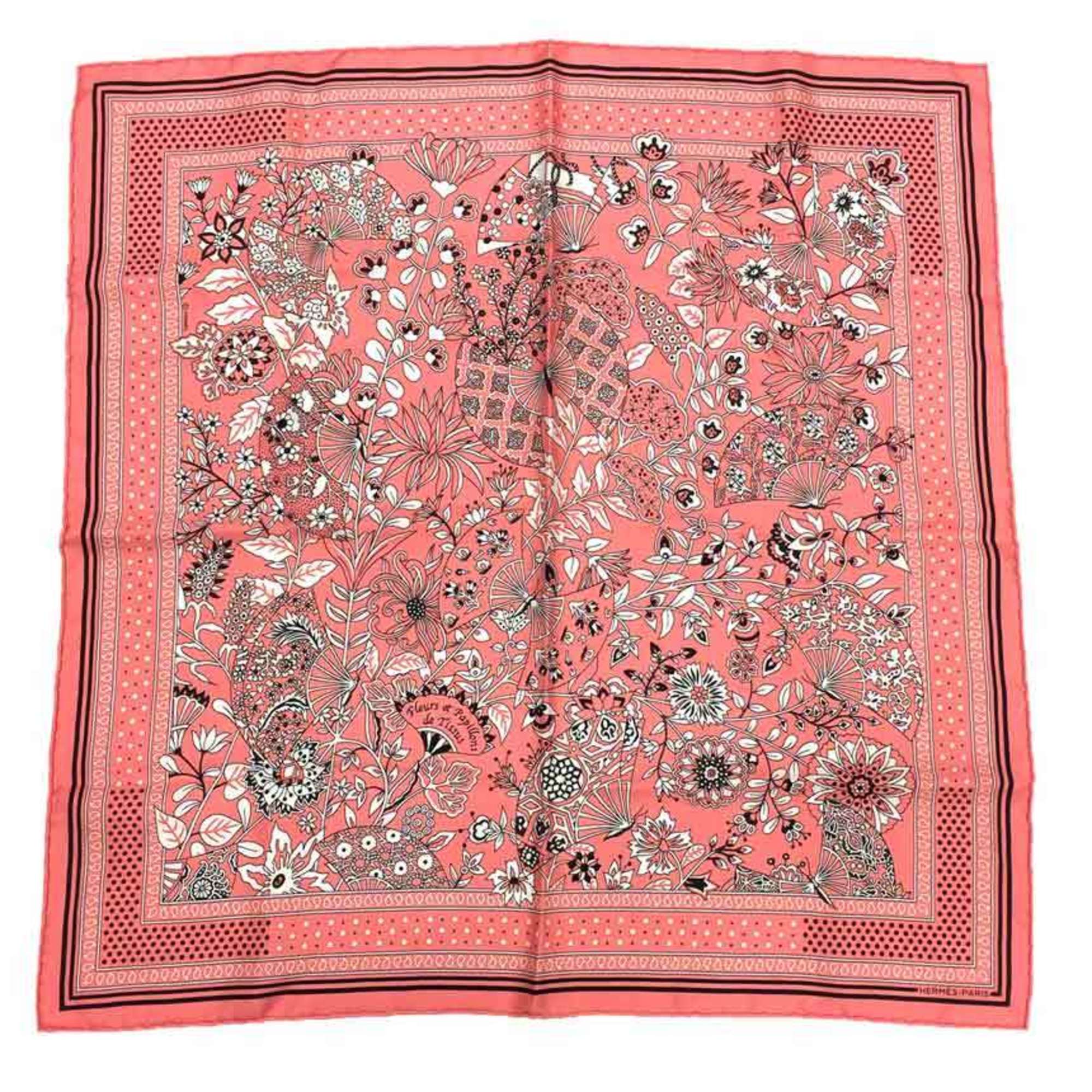 HERMES Carre 55 Fleurs et papillons de Tissus Flower blooming woven bandana pink 100% silk