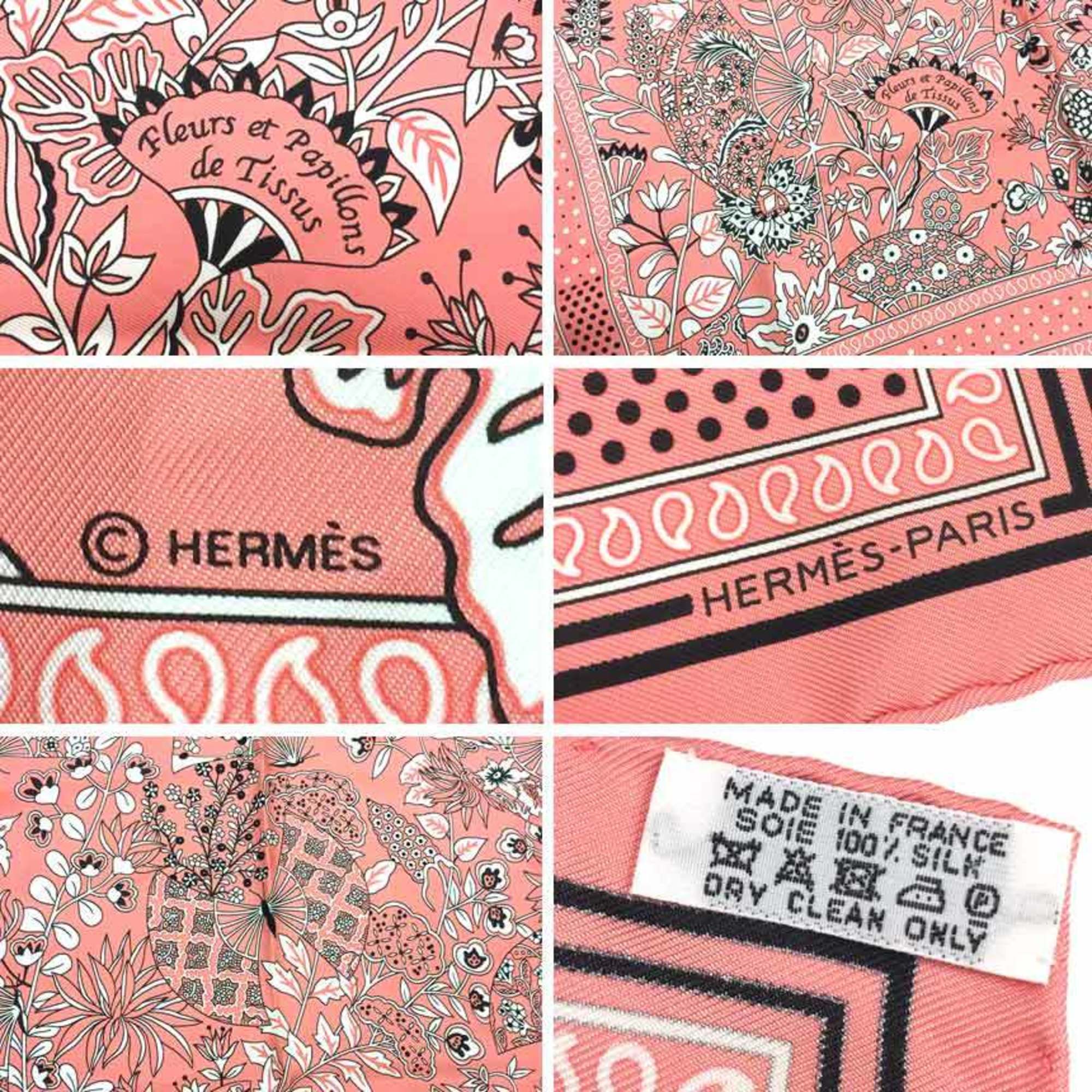 HERMES Carre 55 Fleurs et papillons de Tissus Flower blooming woven bandana pink 100% silk