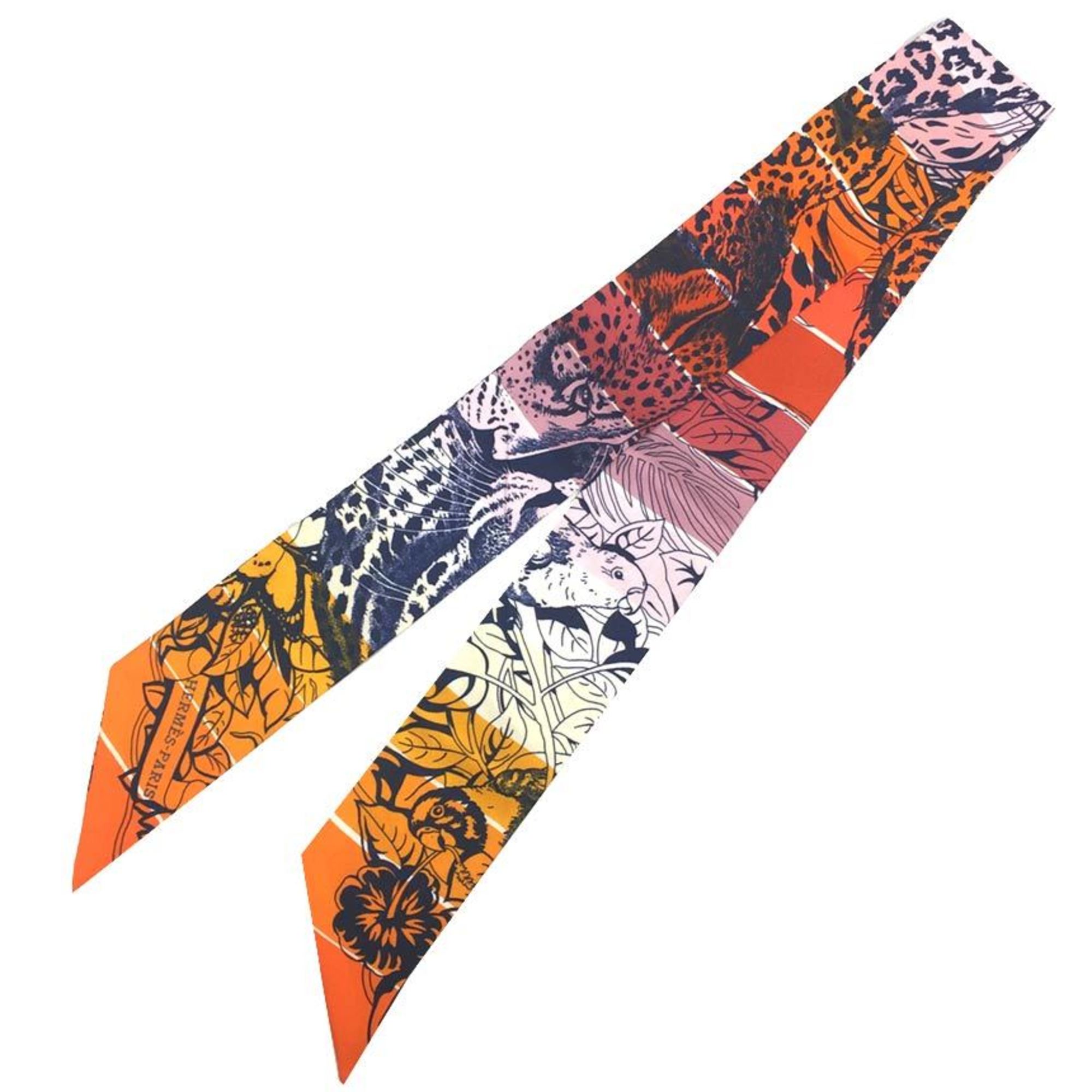 HERMES Twilly Scarf Muffler Jungle Love Rainbow 2019 Orange/Ankle/Beauty Rose Leopard 100% Silk Hermes