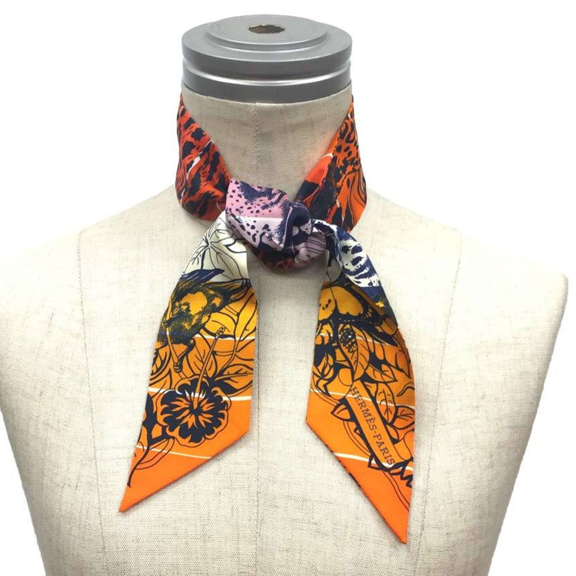 HERMES Twilly Scarf Muffler Jungle Love Rainbow 2019 Orange/Ankle/Beauty Rose Leopard 100% Silk Hermes