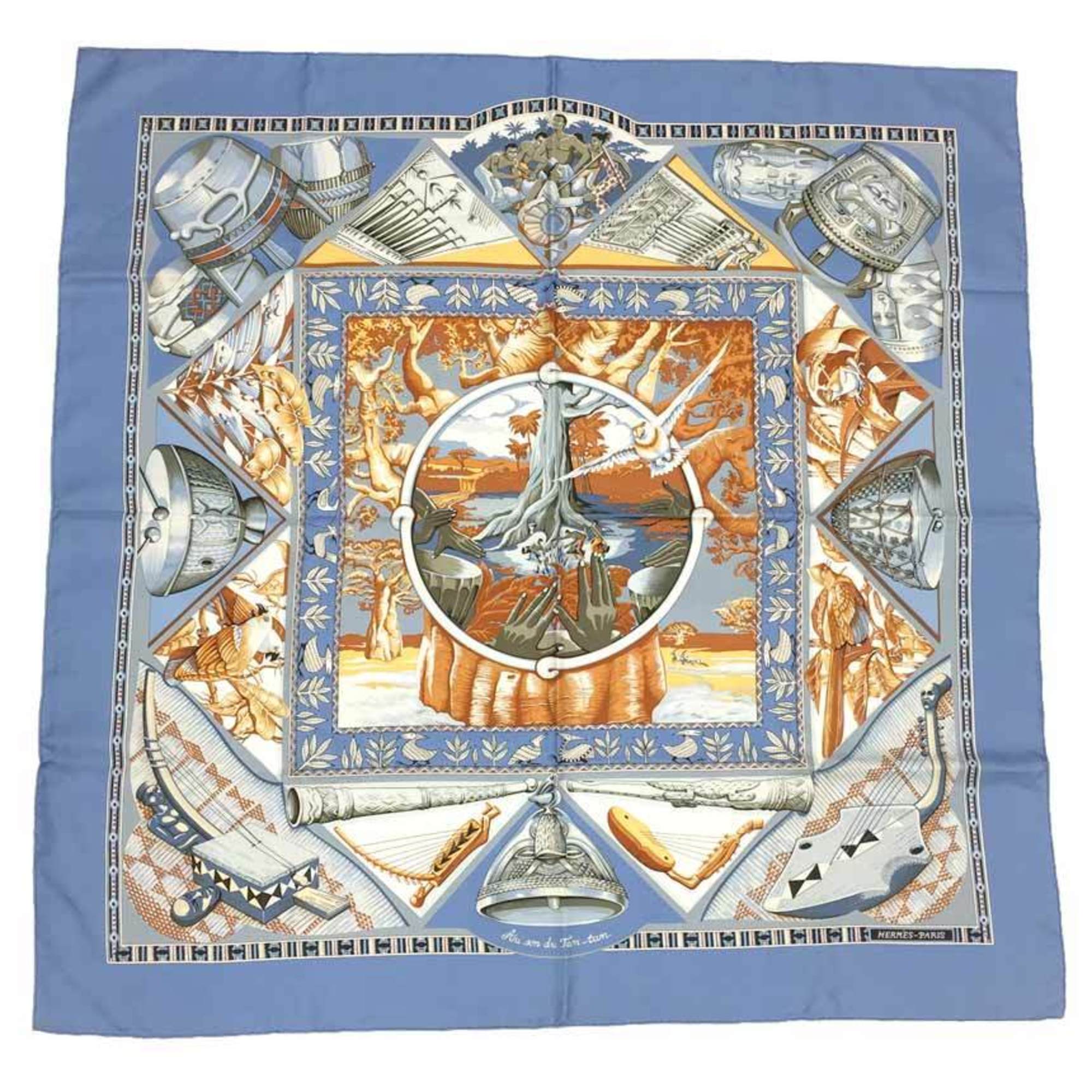 HERMES Hermes scarf muffler Carre 90 an son du TAM To the sound of tam toms 100% silk light blue