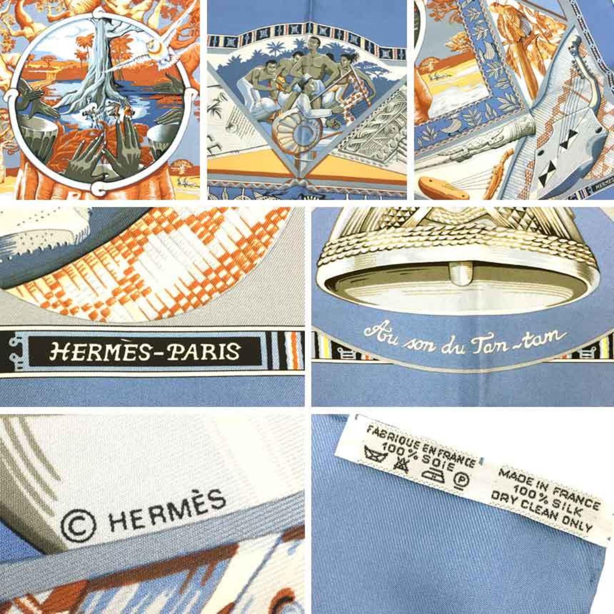 HERMES Hermes scarf muffler Carre 90 an son du TAM To the sound of tam toms 100% silk light blue